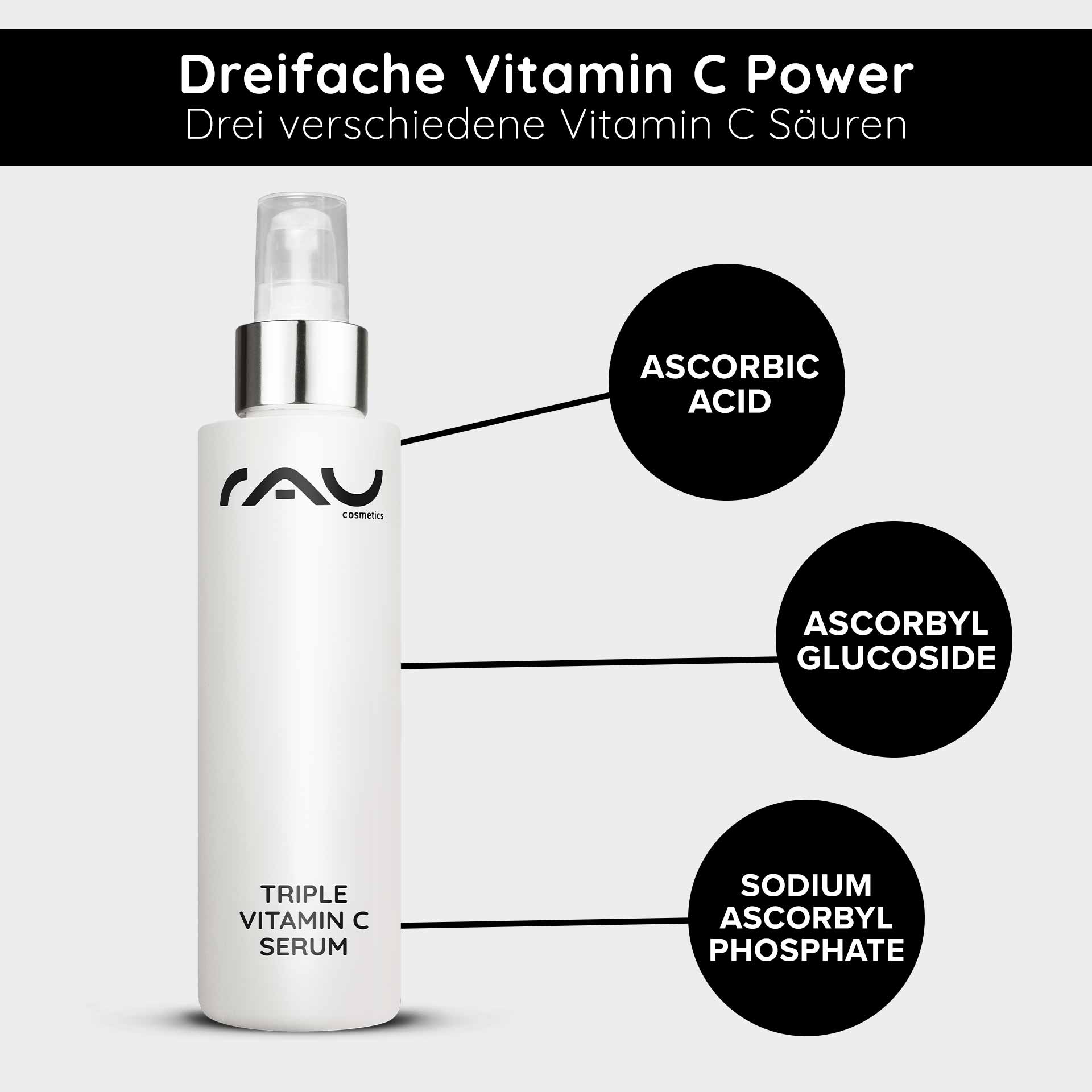 Sérum Triple Vitamine C 100 ml avec 11% d'acides vitaminiques C Flasche mit RAU Cosmetics Triple Vitamin C Serum, beschriftet mit drei verschiedenen Vitamin C Säuren: Ascorbinsäure, Ascorbylglucosid und Natriumascorbylphosphat.