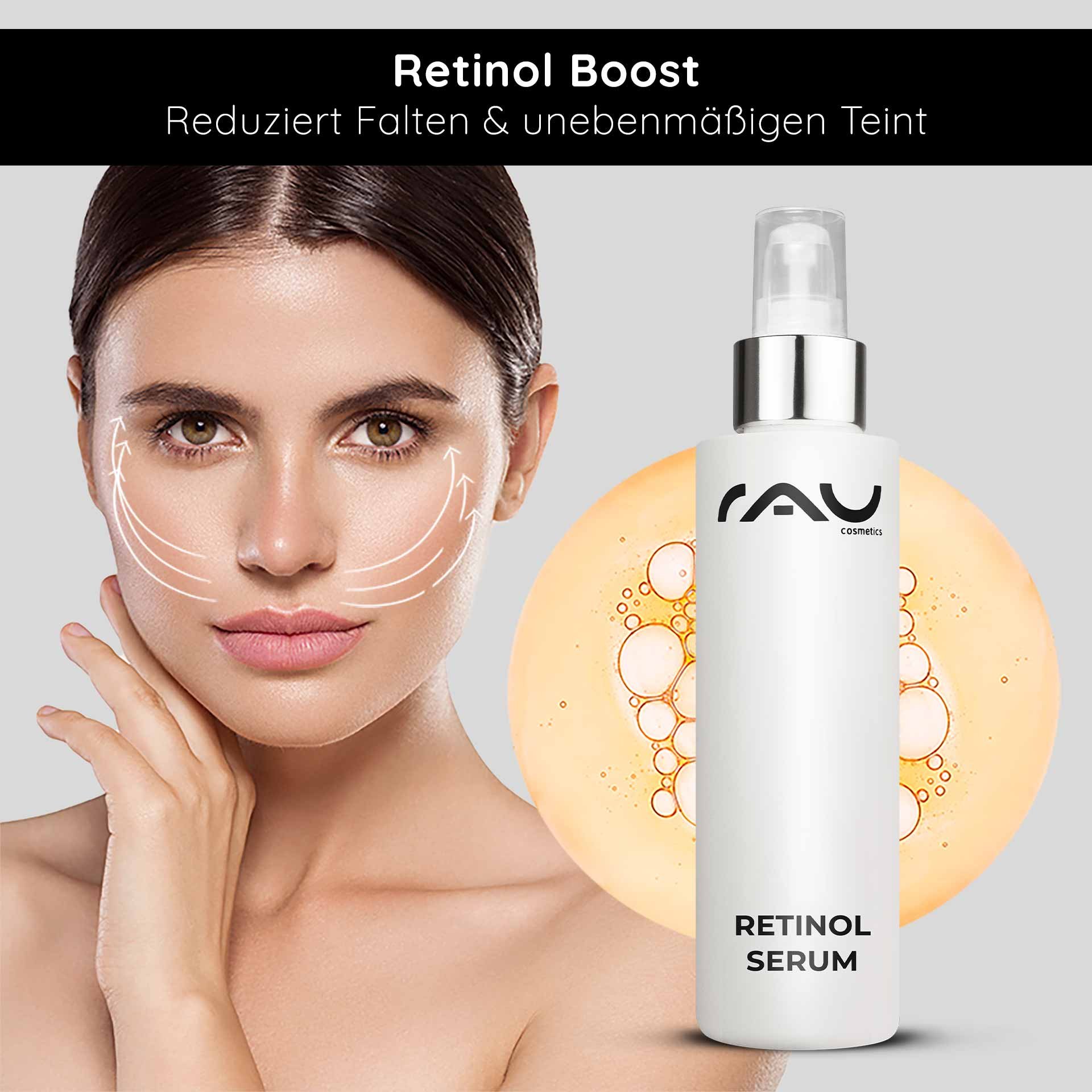 Retinol-Serum von RAU Cosmetics zeigt eine Frau mit strahlender Haut, demonstriert Anti-Aging-Effekte und hebt die Vorteile einer Reduzierung von Falten und eines ungleichmäßigen Hauttons hervor.