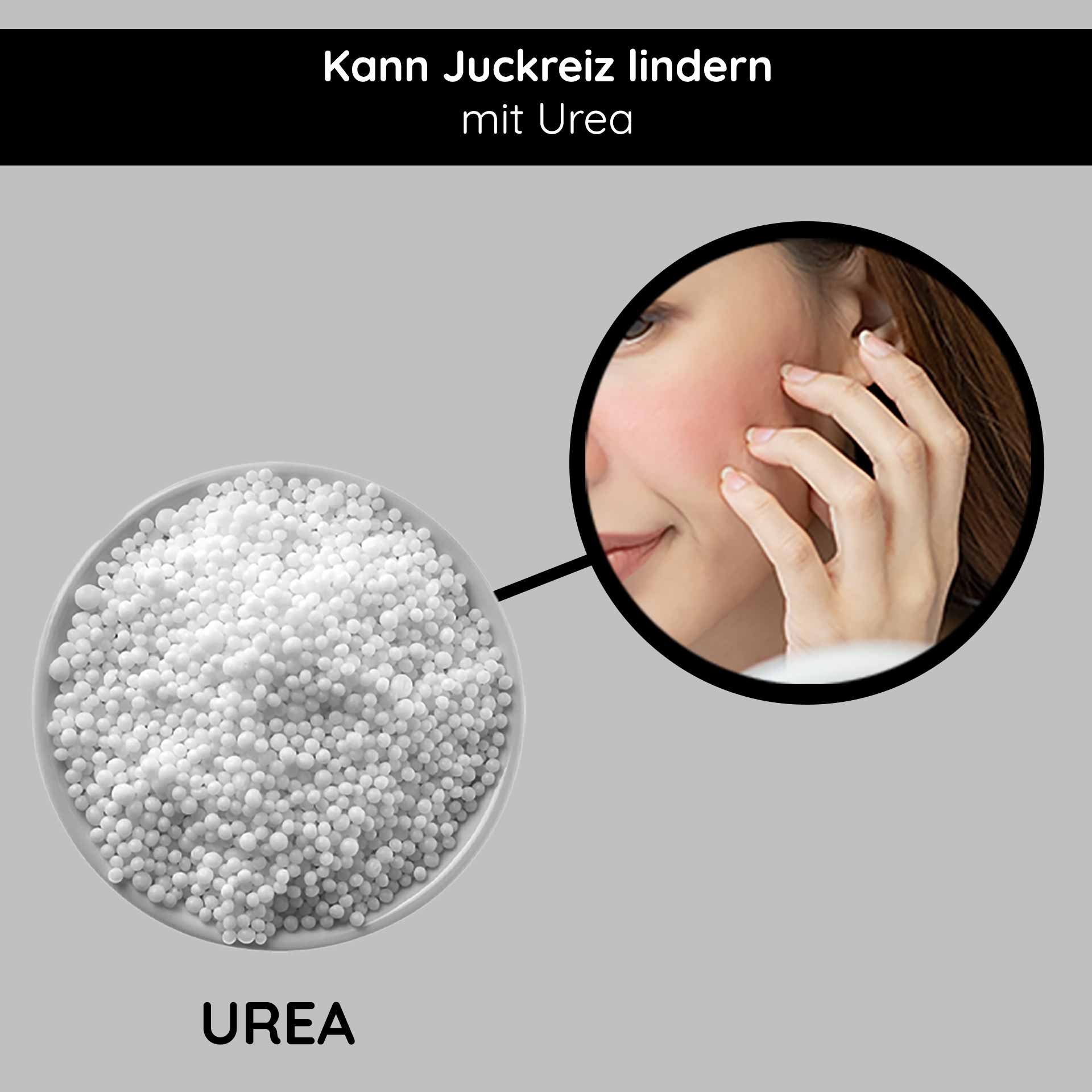 Harnstoff in einer Schüssel mit einer Nahaufnahme einer Frau, die ihn auf ihre Wange aufträgt und seine Vorteile bei der Linderung von Juckreiz und der Verbesserung der Hautfeuchtigkeit hervorhebt.