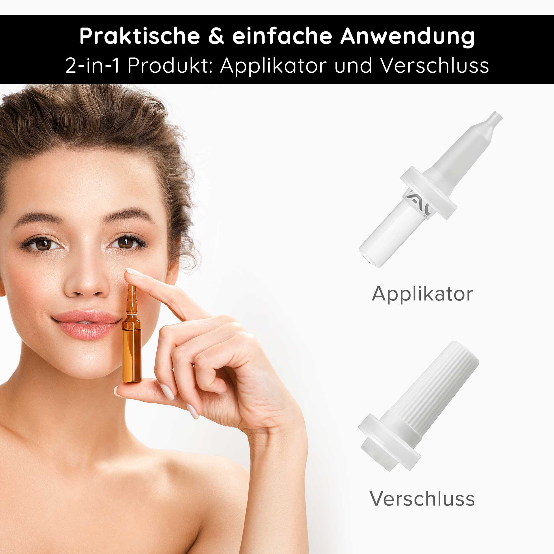 Frau mit braunen Haaren hält eine braune Ampulle und zeigt auf ihr Gesicht, 2-in-1 Applikator und Verschluss für RAU Cosmetics hochkonzentrierte Hautpflegeampullen.