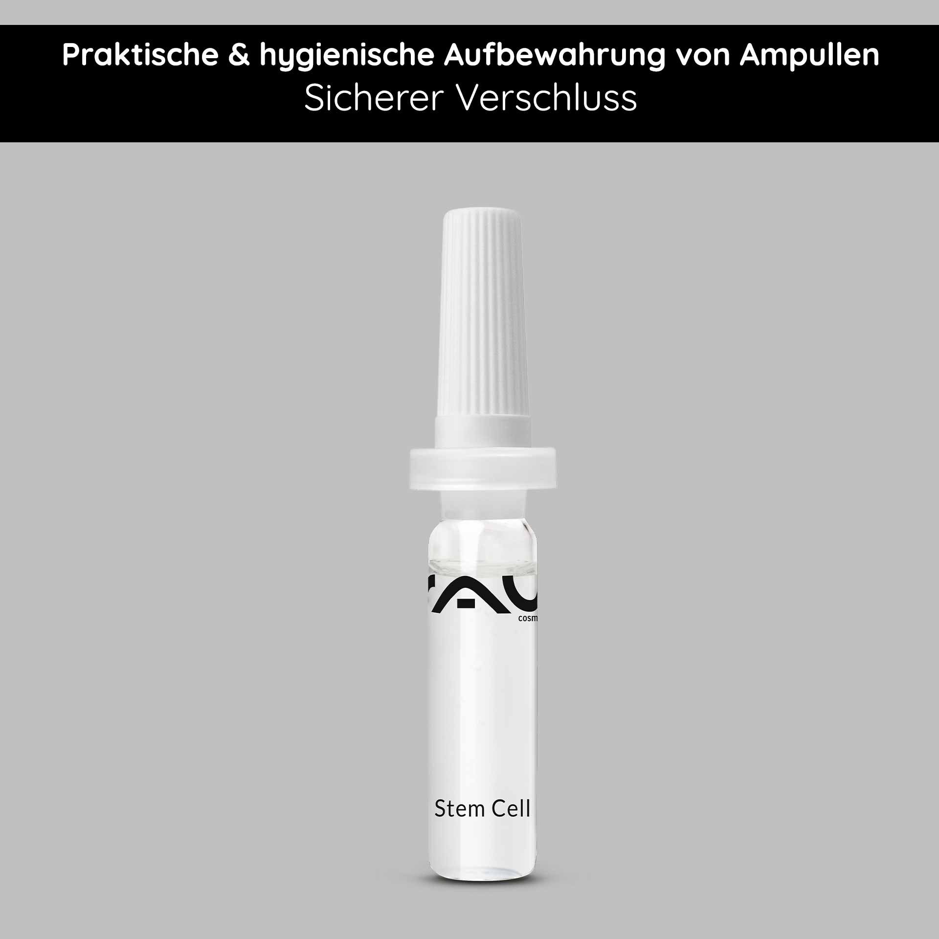 Set ouvre-ampoule & applicateur d'ampoule de RAU Cosmetics, fermeture sécurisée pour une conservation hygiénique des ampoules visage, avec étiquette Stem Cell.