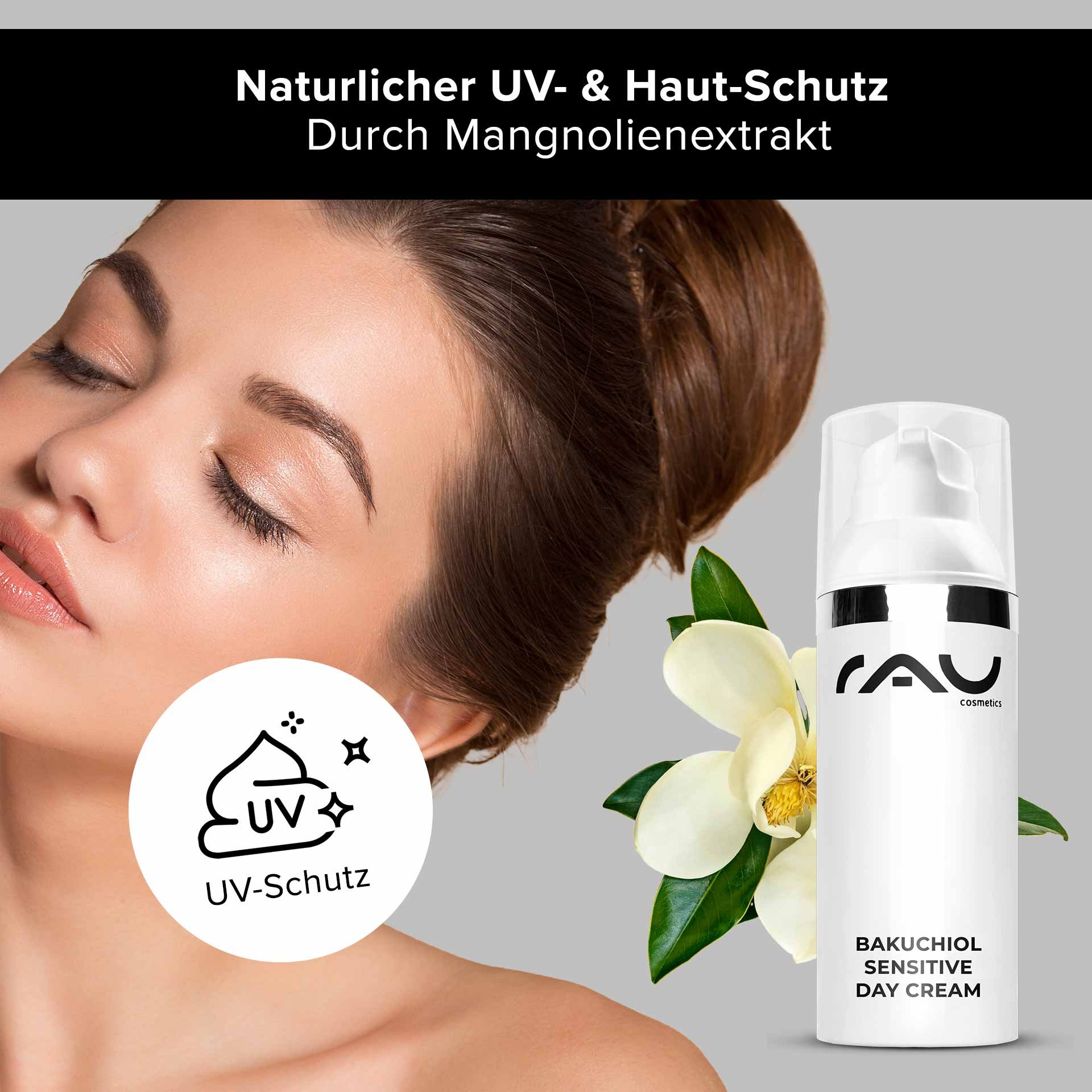 Bakuchiol Sensitive Day Cream Anwendung, Model mit strahlender gepflegter Haut