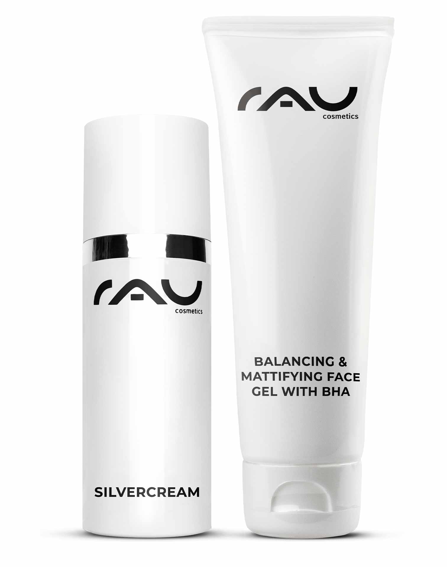 Powerset pour la peau impure, la peau grasse, les inflammations, les boutons, les démangeaisons Powerset für unreine und fettige Haut von RAU Cosmetics, bestehend aus Silvercream und Balancing & Mattifying Face Gel mit BHA.
