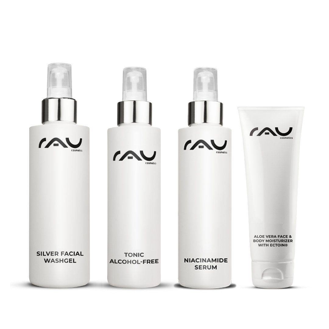 Routine de soin Advanced RAU Cosmetics pour peaux mixtes avec Silver Facial Washgel, tonique sans alcool, sérum au niacinamide et crème hydratante à l'aloe vera, conçue pour le soin des peaux mixtes.