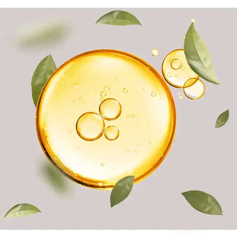 Öl mit Blättern, repräsentiert die Hauptbestandteile der BB Cream Perfect Care, die Feuchtigkeit spenden und die Haut beruhigen.