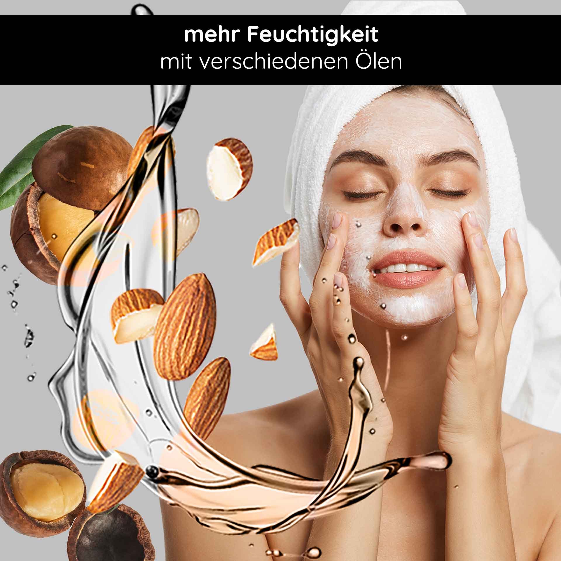 Femme avec la main sur le visage appliquant un masque facial, entourée de noix et d'huiles, texte : "plus d'hydratation avec différentes huiles", représentation visuelle du soin et de l'hydratation de la peau.