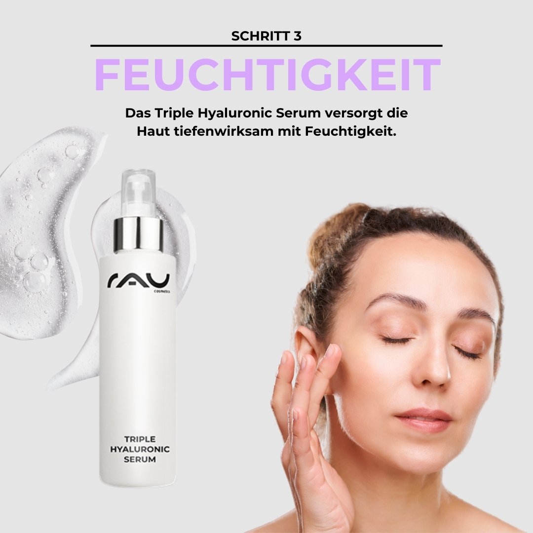 Routine de soins avancés RAU Cosmetics pour peaux sèches – Étape 3 : Booster d'hydratation. Illustration d'un produit de la gamme de soins sur une table en bois, entouré de matériaux naturels.
