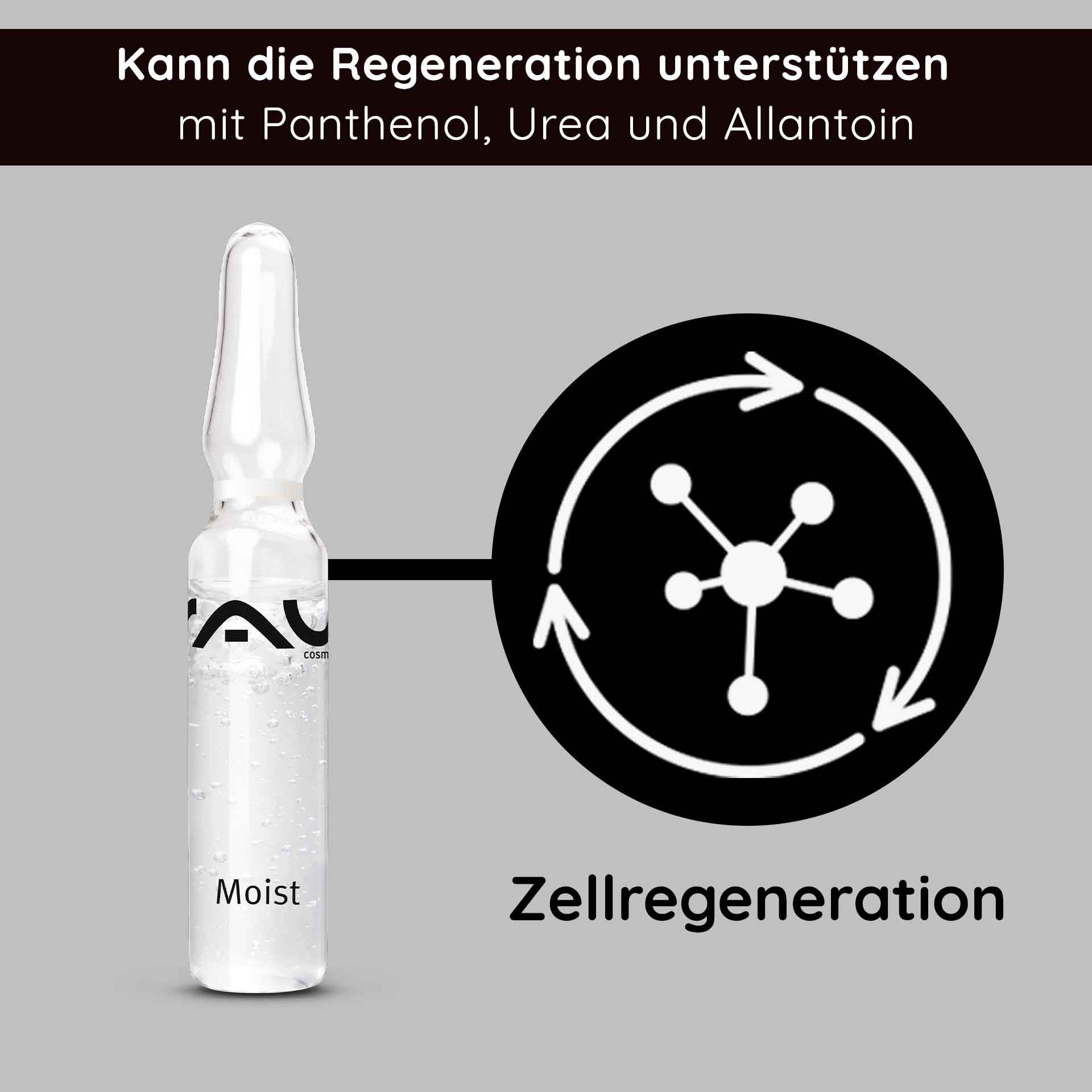 Gros plan sur les principes actifs des ampoules RAU Cosmetics Moist — Hyaluron pour une hydratation maximale.