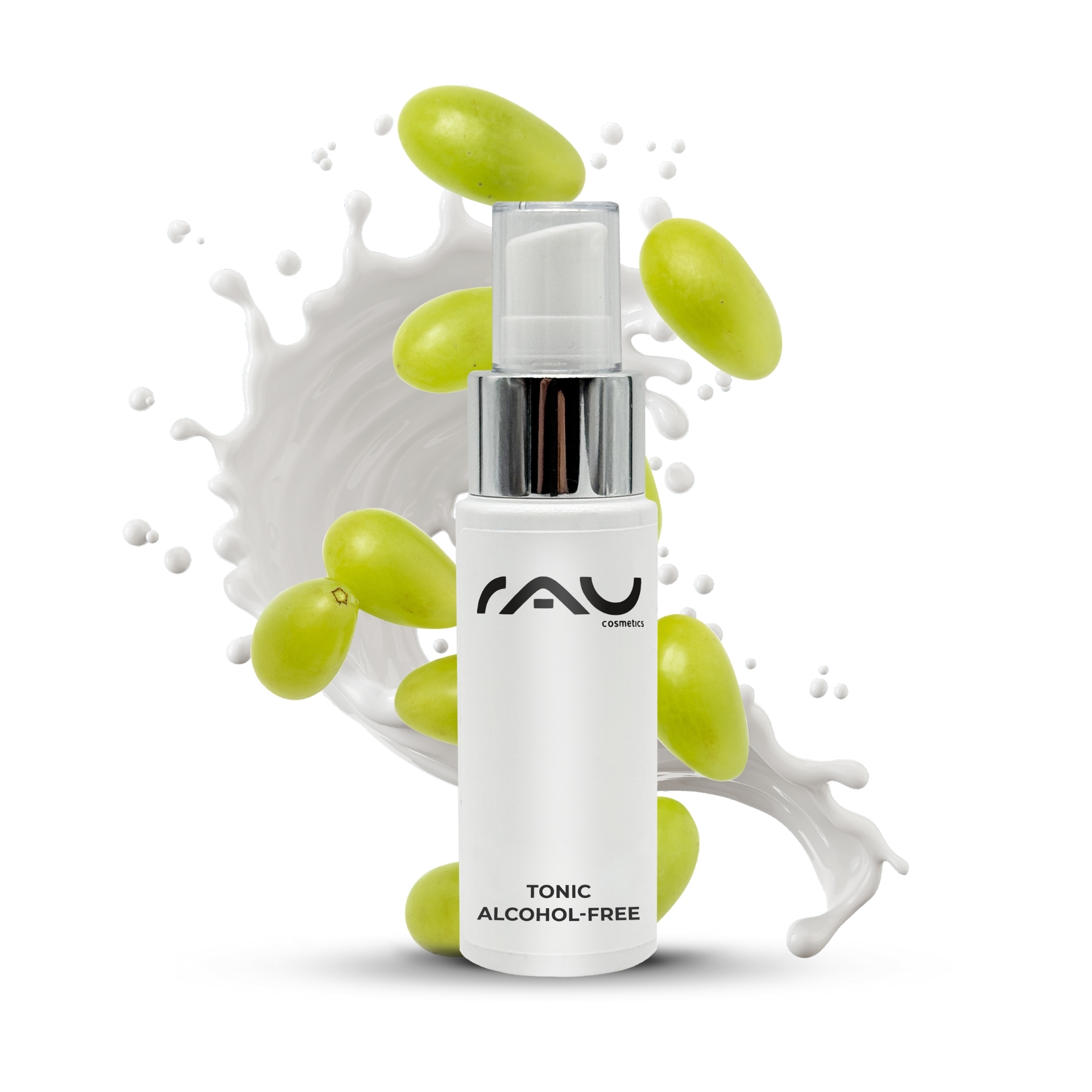 RAU Tonic alcohol-free 50 ml - Lotion Visage tonifiante avec Extraits d´Orties sans alcool Alkoholfreie Gesichtswasserflasche RAU Tonic mit Brennnesselextrakt, umgeben von grünen Trauben und Flüssigkeitsspritzern, die die sanfte Reinigung empfindlicher Haut betonen.