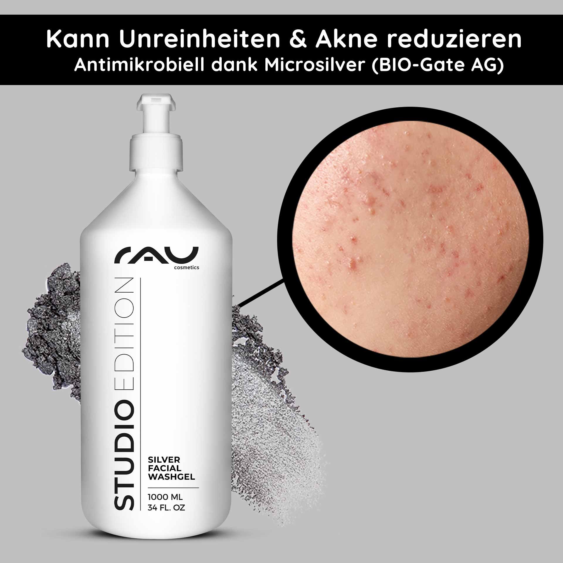 RAU Cosmetics Silver Facial Washgel bottle with a close-up of acne-prone skin, highlighting antimicrobial properties of microsilver for effective facial cleansing and skincare.