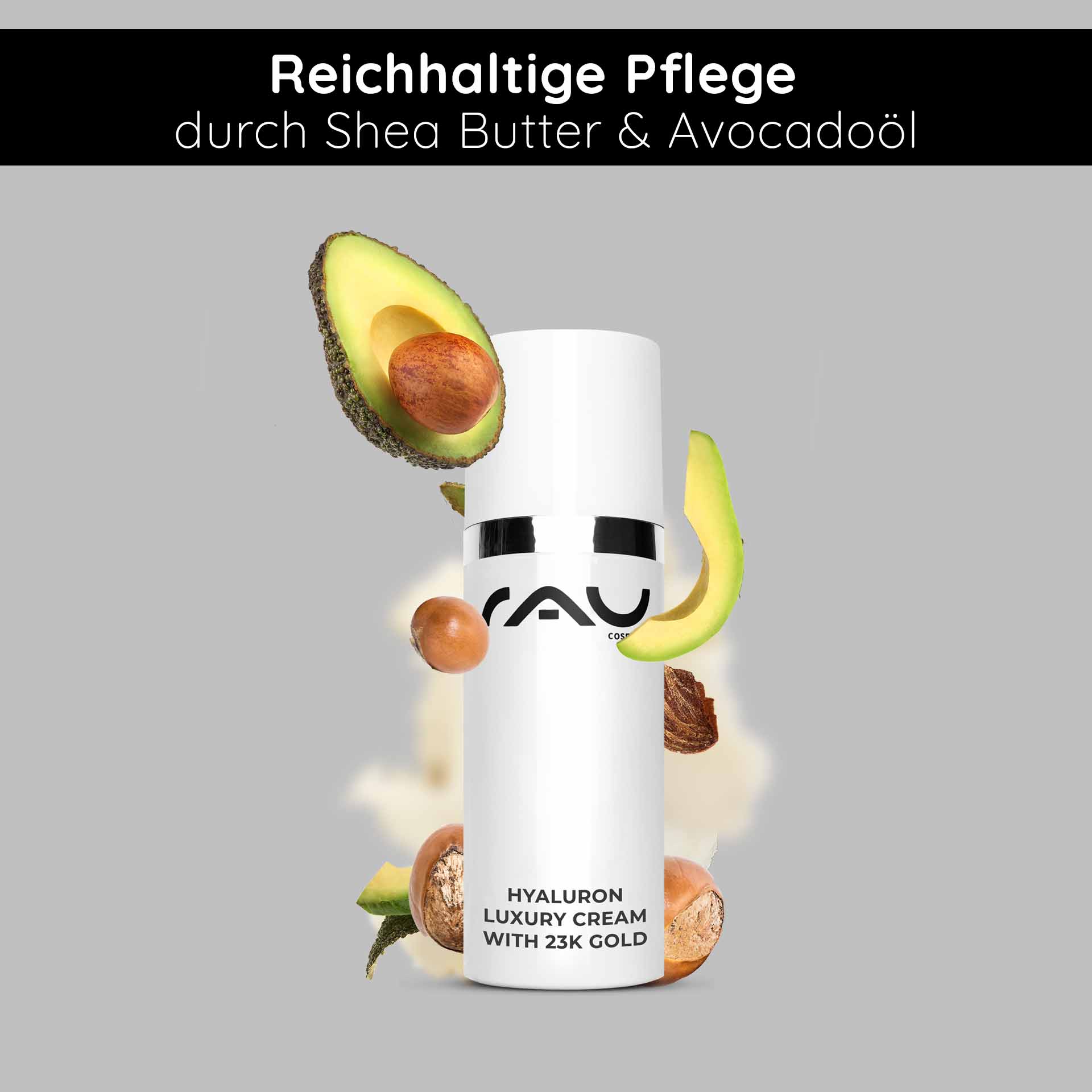 Hyaluron Luxury Cream with 23k Gold 50 ml Crème anti-âge Hyaluron-Luxuscreme mit 23 Karat Gold in einer eleganten weißen Flasche, umgeben von Avocado und Sheabutter, die die reichhaltigen Hautpflegevorteile gegen Alterung und Feuchtigkeitsversorgung betont und sich als Geschenk zum Muttertag eignet.