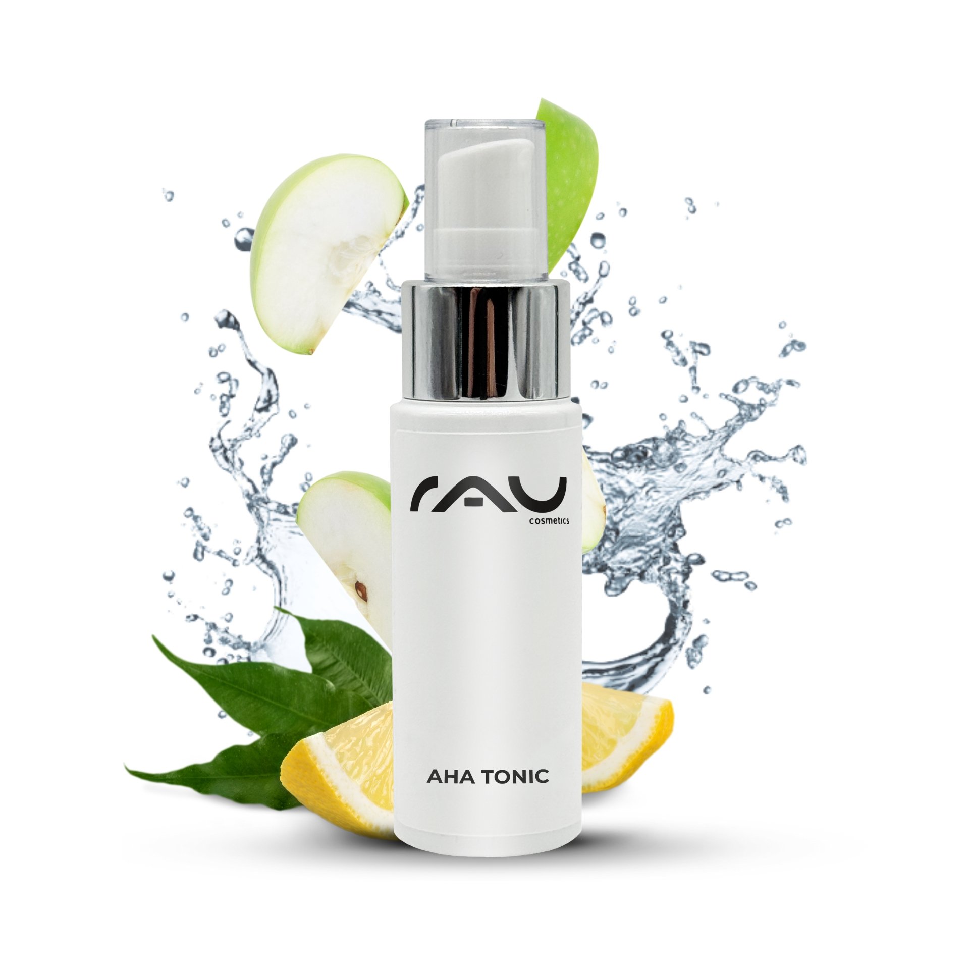 RAU AHA Tonic-Flasche mit einem Spritzer Wasser, grünen Apfelscheiben und Zitrone, die die erfrischende Hautpflegewirkung mit milden Fruchtsäuren hervorhebt.