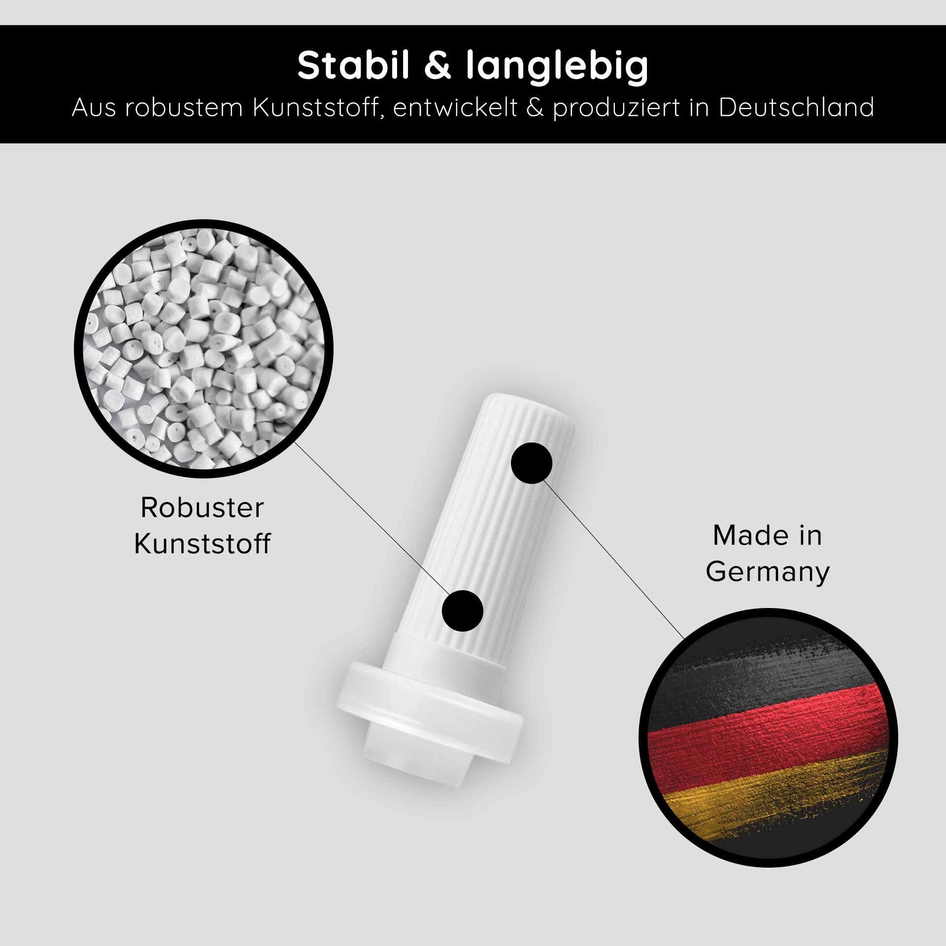 Ampullen Applikator aus robustem Kunststoff, hergestellt in Deutschland, mit Hinweisen zu Stabilität und Langlebigkeit.