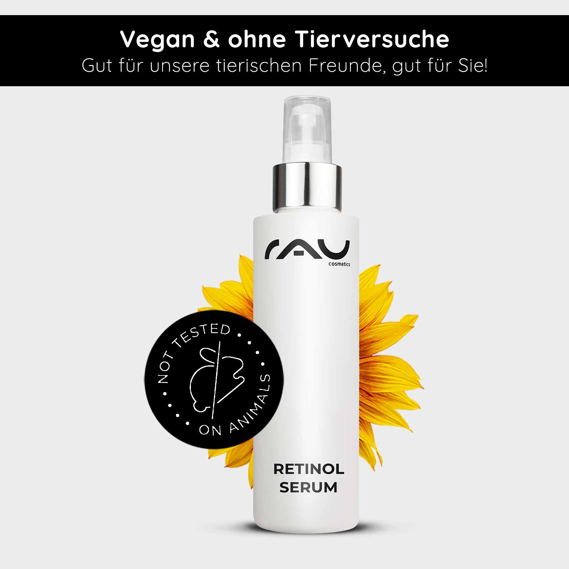 Végan & sans cruauté : Le flacon blanc du Retinol Serum porte fièrement les labels de cosmétique durable.