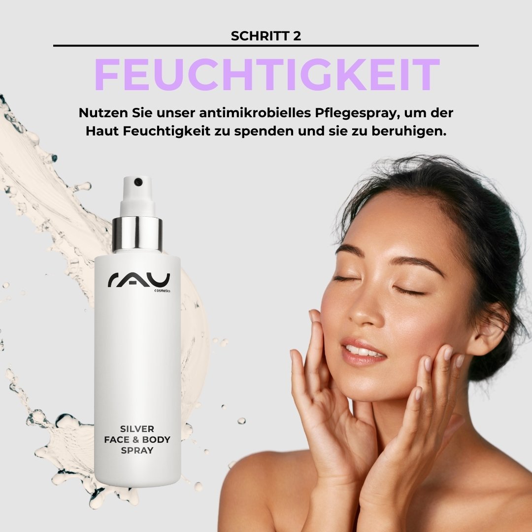RAU Cosmetics Silver Face & Body Spray pour hydrater et apaiser la peau, une femme applique le produit les yeux fermés, étape 2 de la routine de soin de la peau pour la neurodermite.