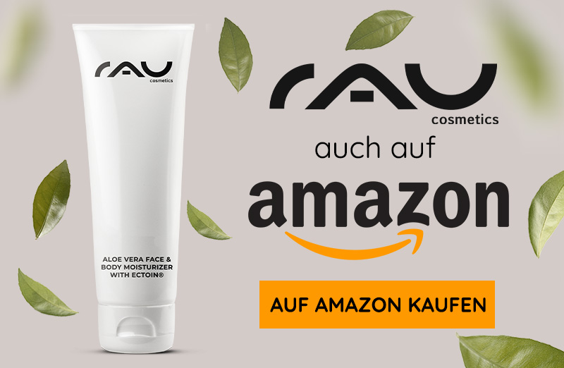 Tube von RAU Cosmetics Aloe Vera Gesichts- und Körperfeuchtigkeitspflege mit Ectoin und blattgrünen Hintergründen.
