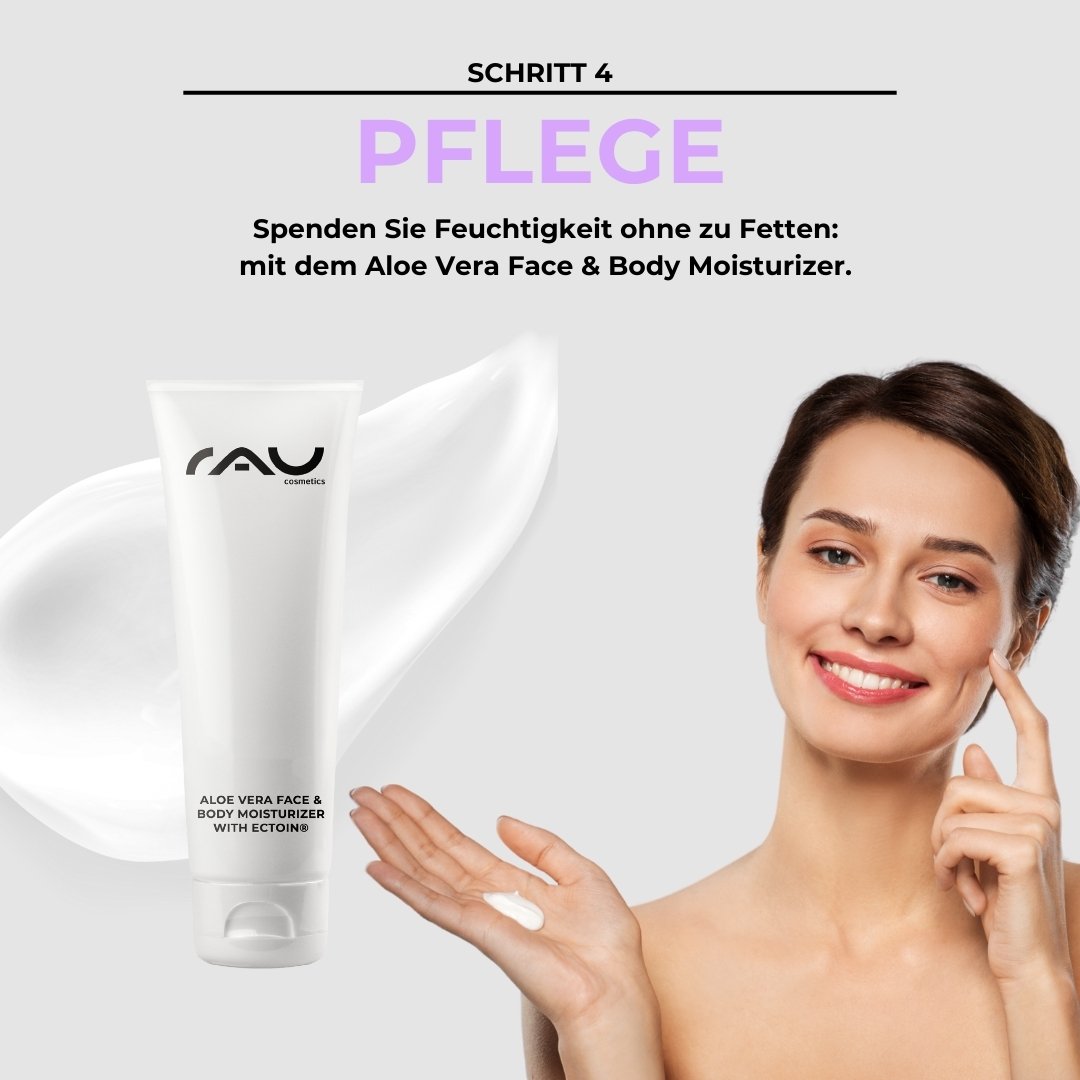 Aloe Vera Face & Body Moisturizer de RAU Cosmetics en tube, femme appliquant la crème hydratante sur son visage, étape 4 de la routine de soins professionnelle pour peaux mixtes.
