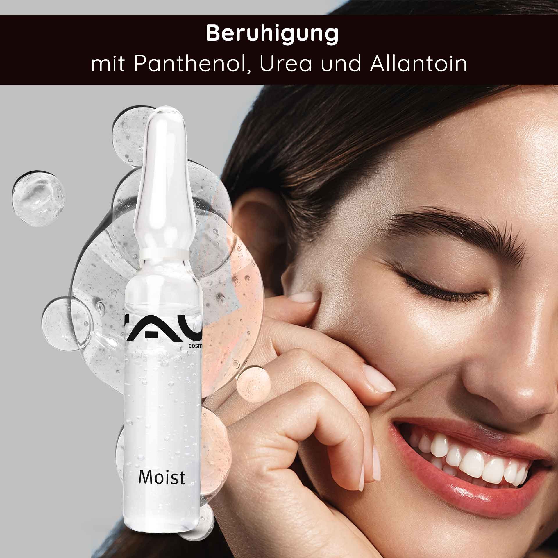 Ampoules Moist de RAU Cosmetics – Sérum hydratant en ampoules de verre, emballé dans une boîte avec applicateur, idéal pour les peaux sèches et matures.