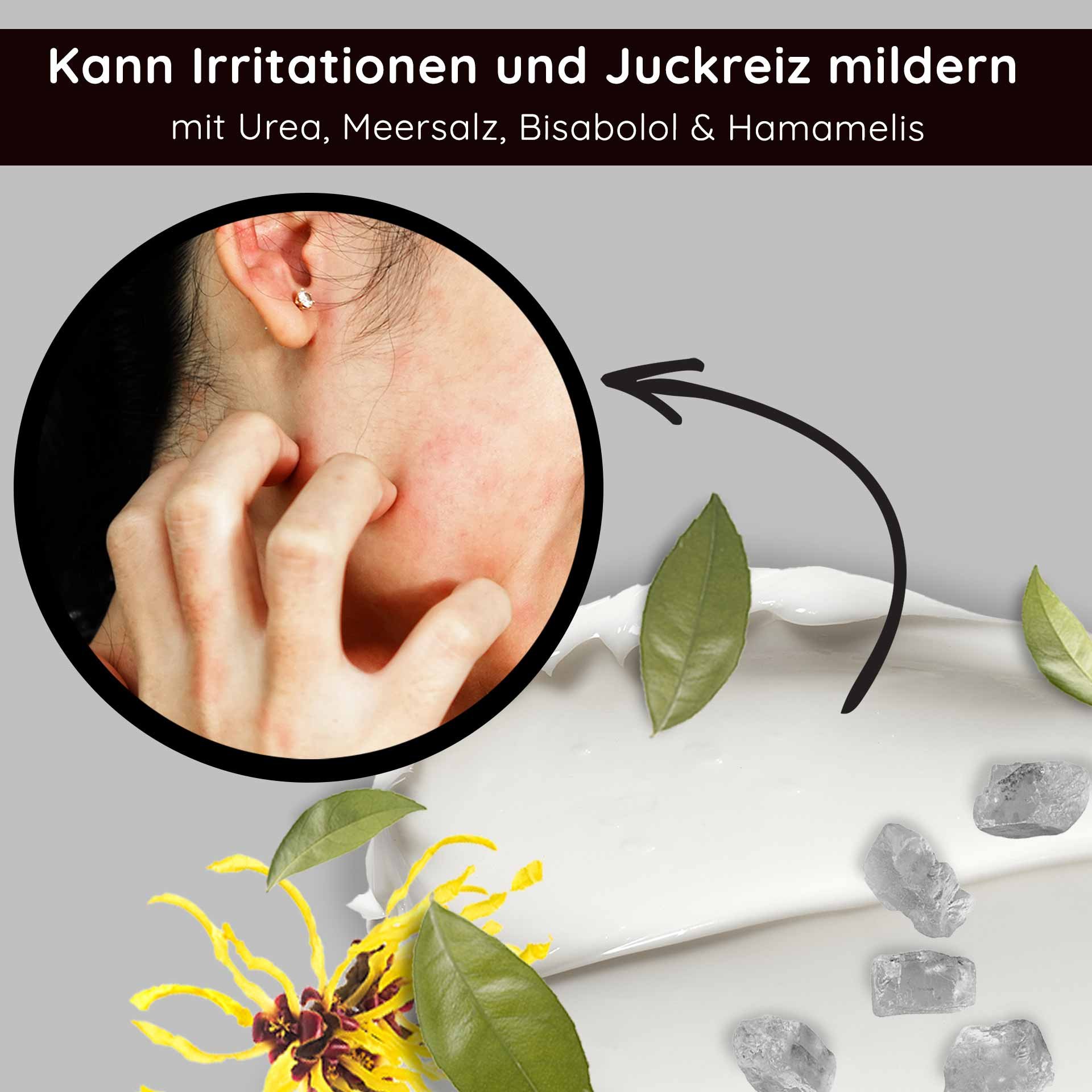 Frau kratzt sich am Hals, umgeben von beruhigenden Inhaltsstoffen wie Urea, Meersalz, Bisabolol und Hamamelis, mit Hinweis auf die Linderung von Irritationen und Juckreiz.