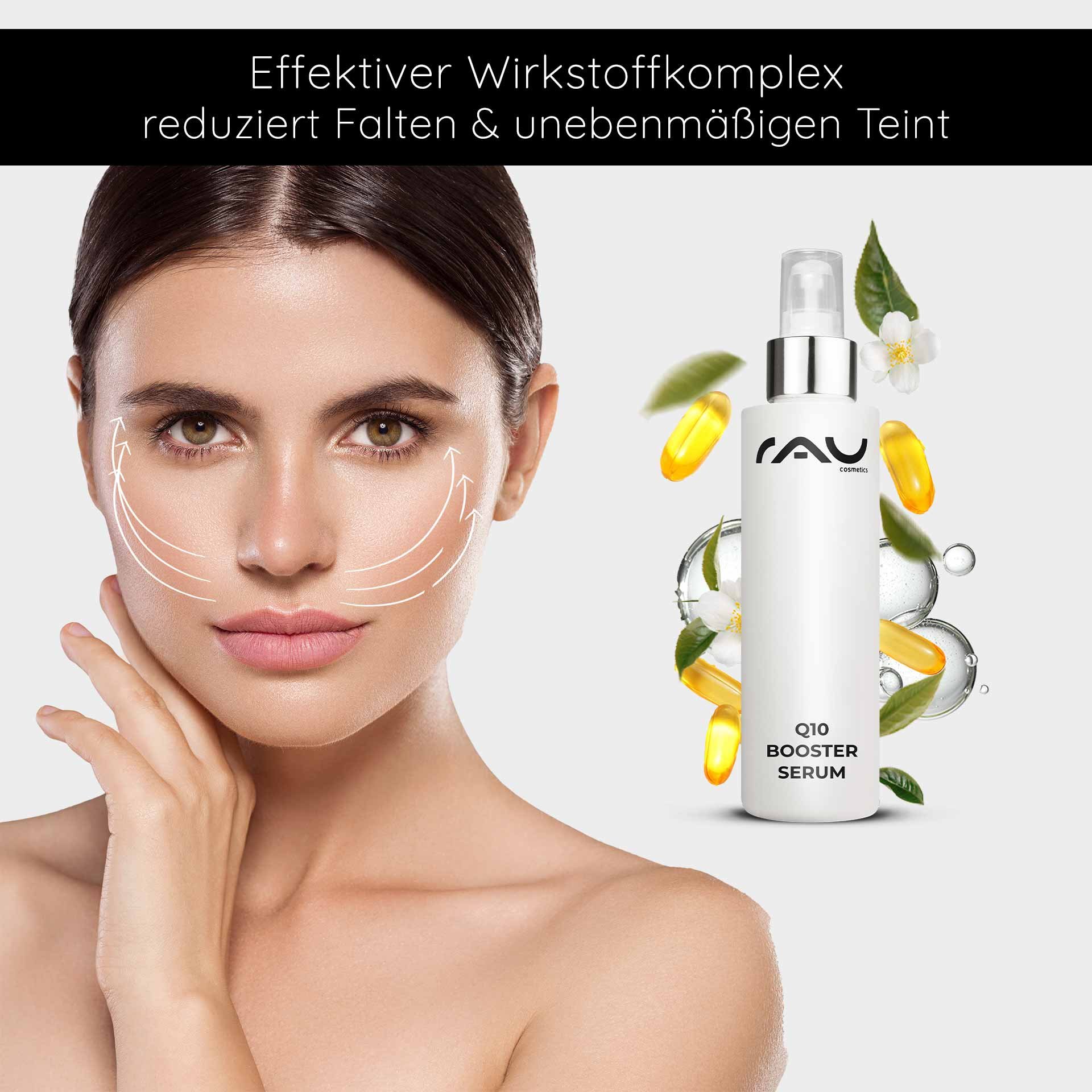 Sérum Q10 Booster efficace de RAU Cosmetics, présenté sur un visage aux propriétés hydratantes et anti-âge, pour réduire les rides et améliorer le teint.