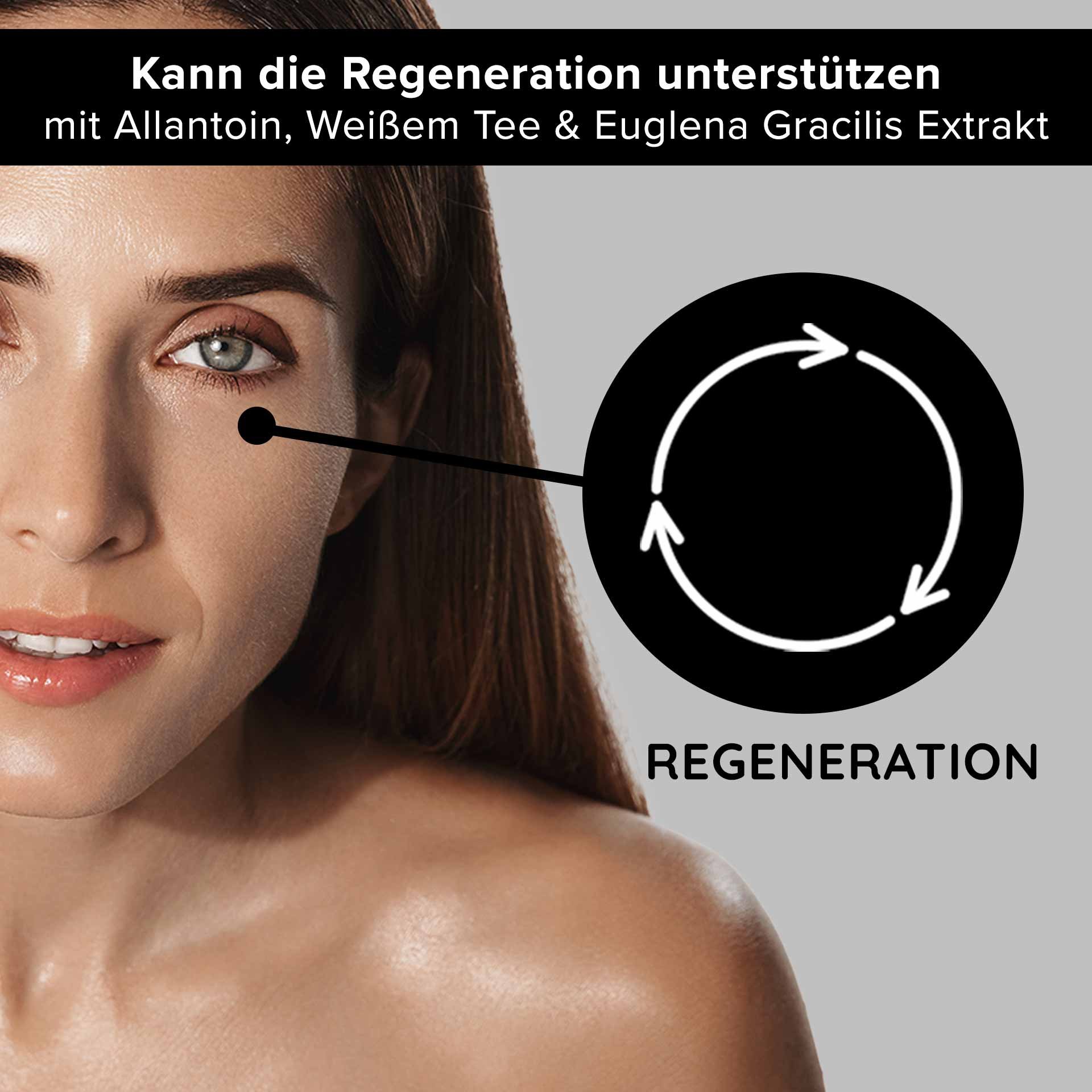Femme au teint radieux et œil visible, souligne les propriétés régénérantes du White Tea Eye Cooling Gel de RAU Cosmetics avec allantoïne, thé blanc et extrait d'Euglena Gracilis.