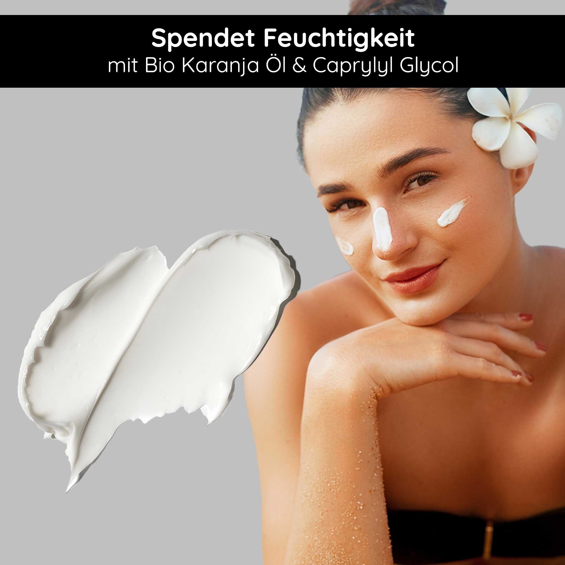 Sonnencreme SPF 50 mit Bio Karanja Öl, feuchtigkeitsspendende Textur, Anwendung auf Gesicht, Hautpflege, Anti-Aging.