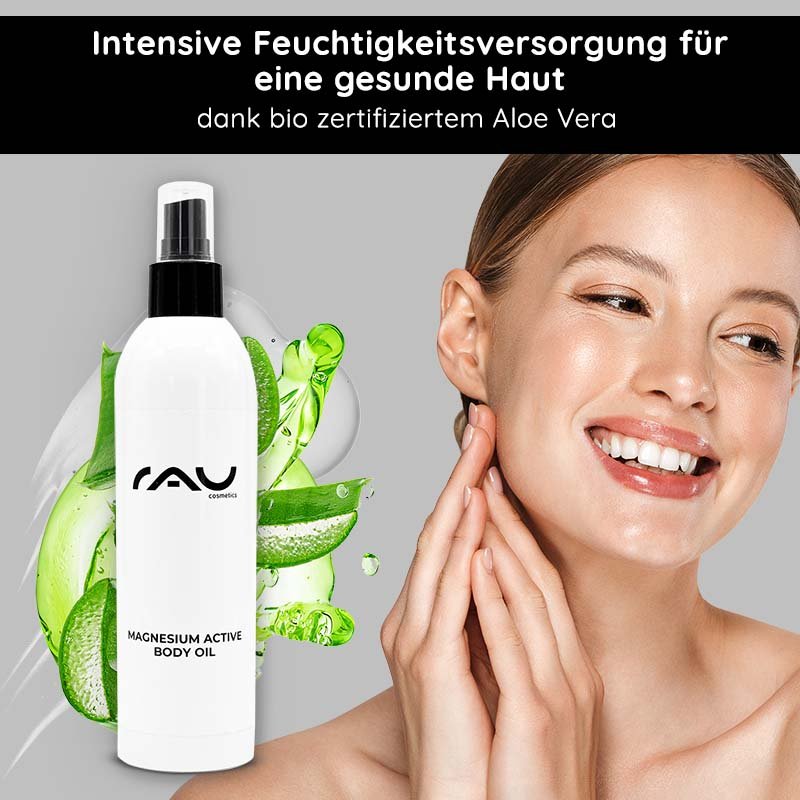 Magnesium Active Body Oil von RAU Cosmetics mit Aloe Vera, das für intensive Feuchtigkeitsversorgung und gesunde Haut sorgt, abgebildet neben einer lächelnden Frau, die das Öl aufträgt.