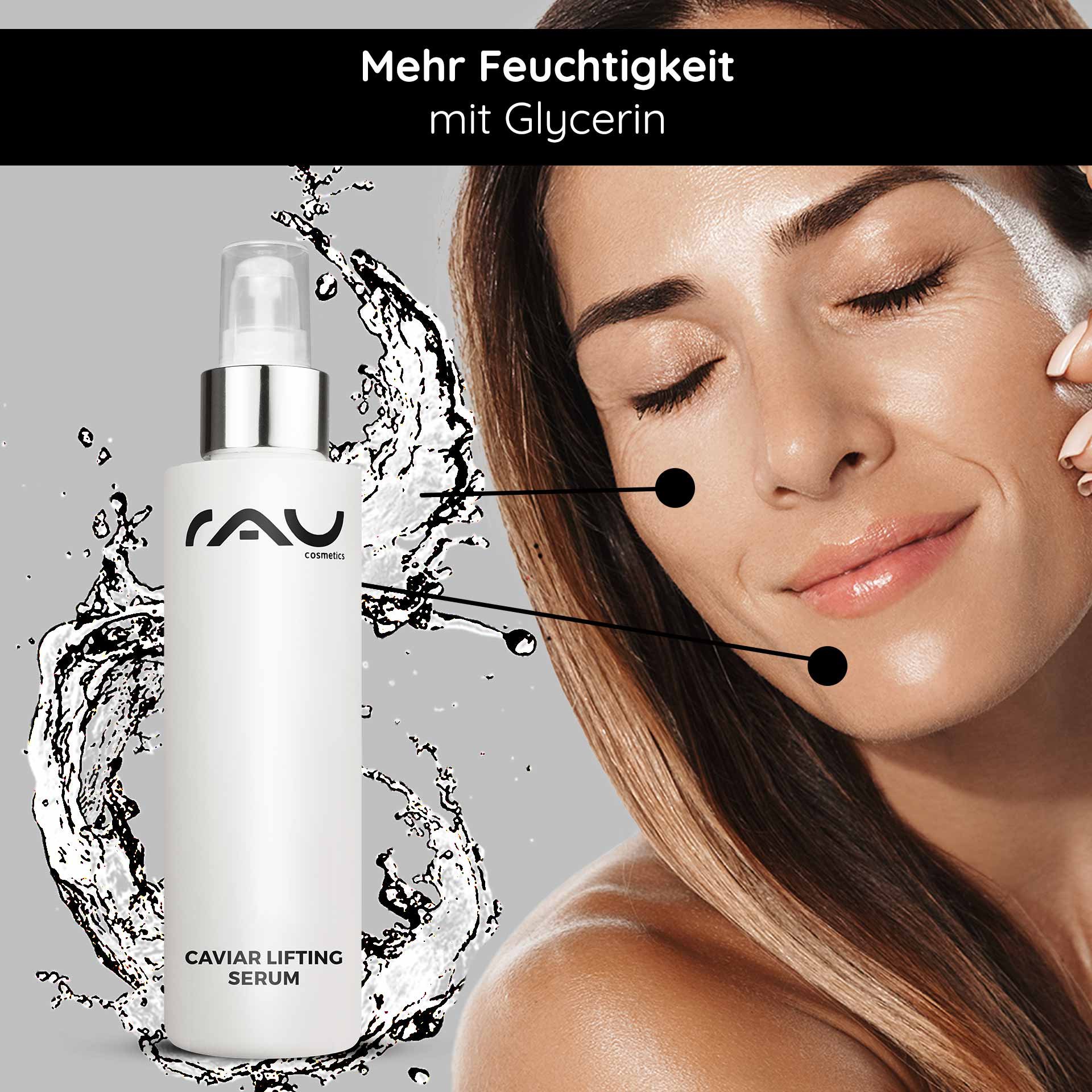 Flasche des RAU Cosmetics Caviar Lifting Serum mit Serum zum Auftragen auf das Modell, mit Glycerin für Feuchtigkeitsversorgung und Anti-Aging-Vorteile.