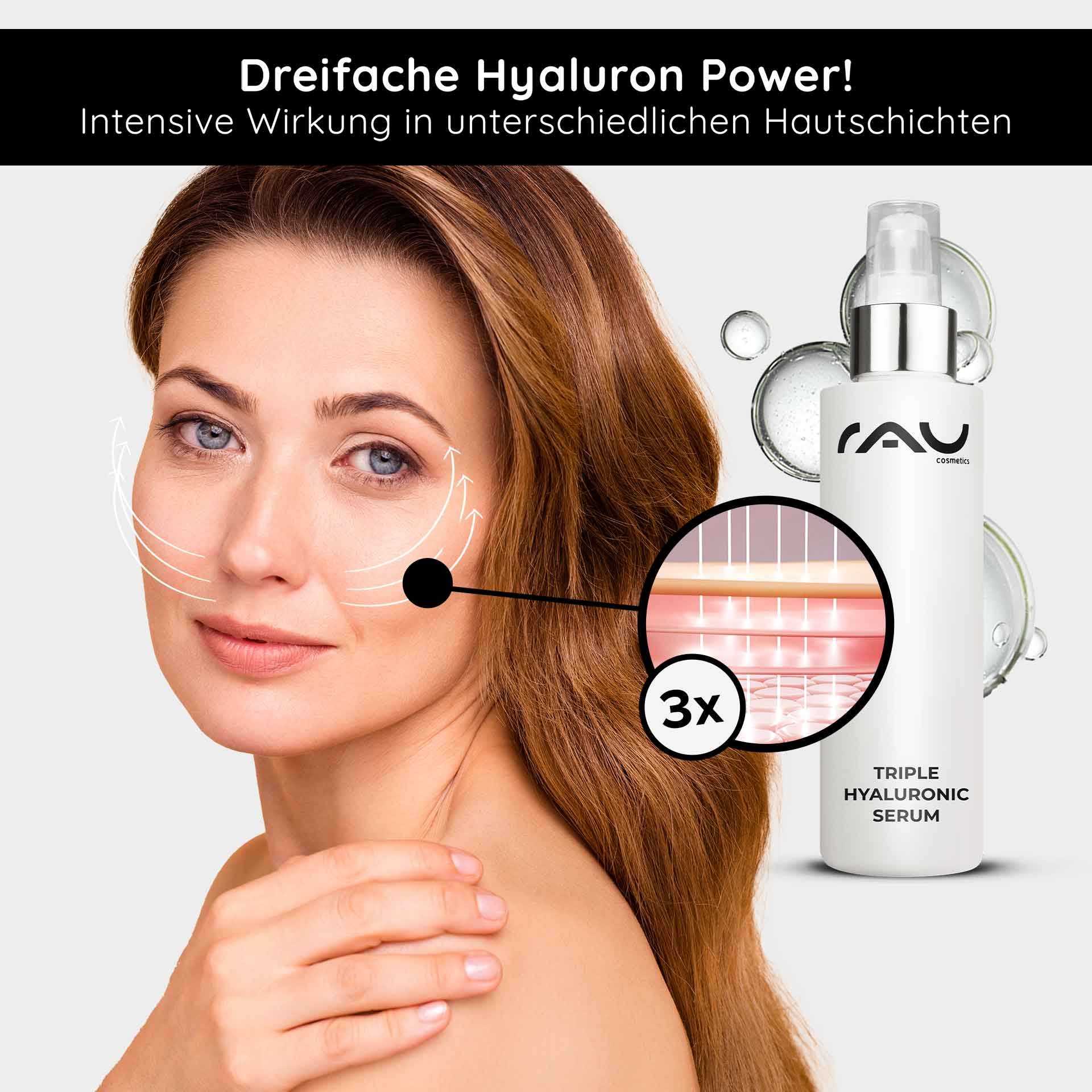 Intensive Durchfeuchtung: Ein Modell präsentiert ihr glattes Hautbild nach der Anwendung des Triple Hyaluronic Serums.