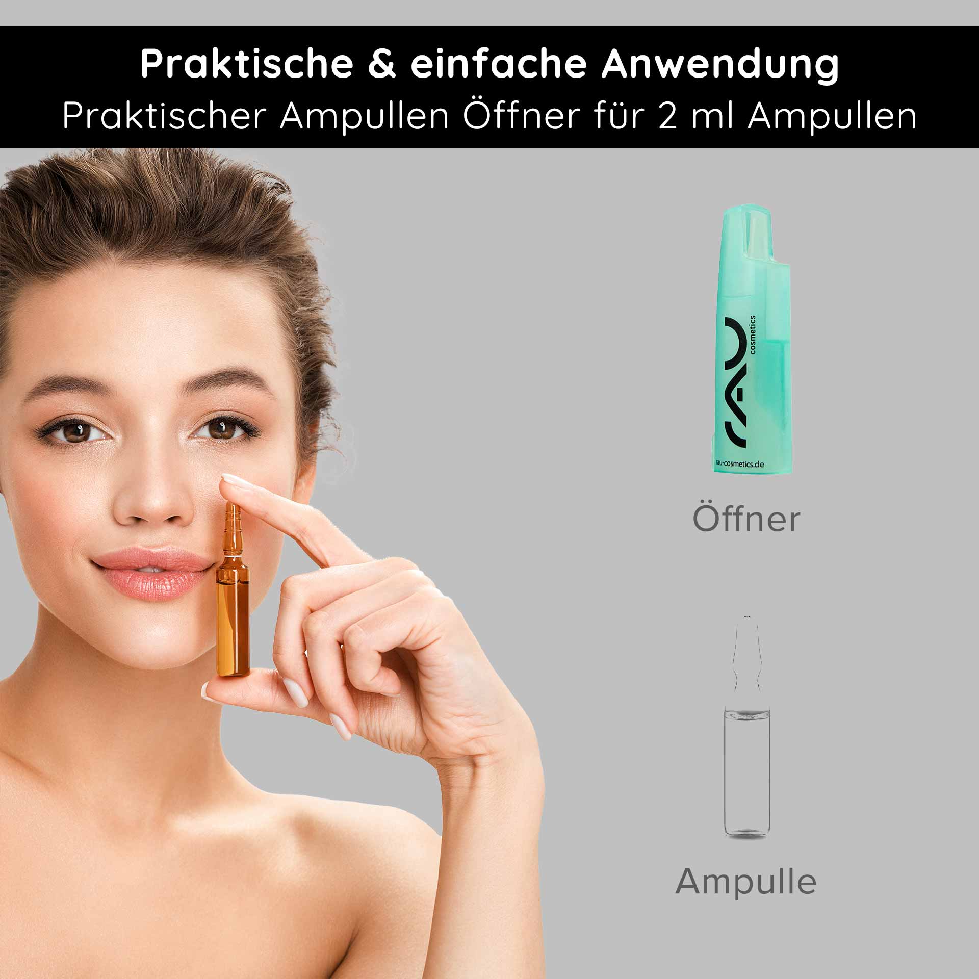 Ouvre-ampoule pour ampoules vomitives de 2 ml Praktischer Ampullenöffner von RAU Cosmetics für 2 ml Ampullen, abgebildet mit einer Person, die eine Ampulle hält, und dem Öffner daneben, mit Fokus auf sichere Anwendung und Benutzerfreundlichkeit.
