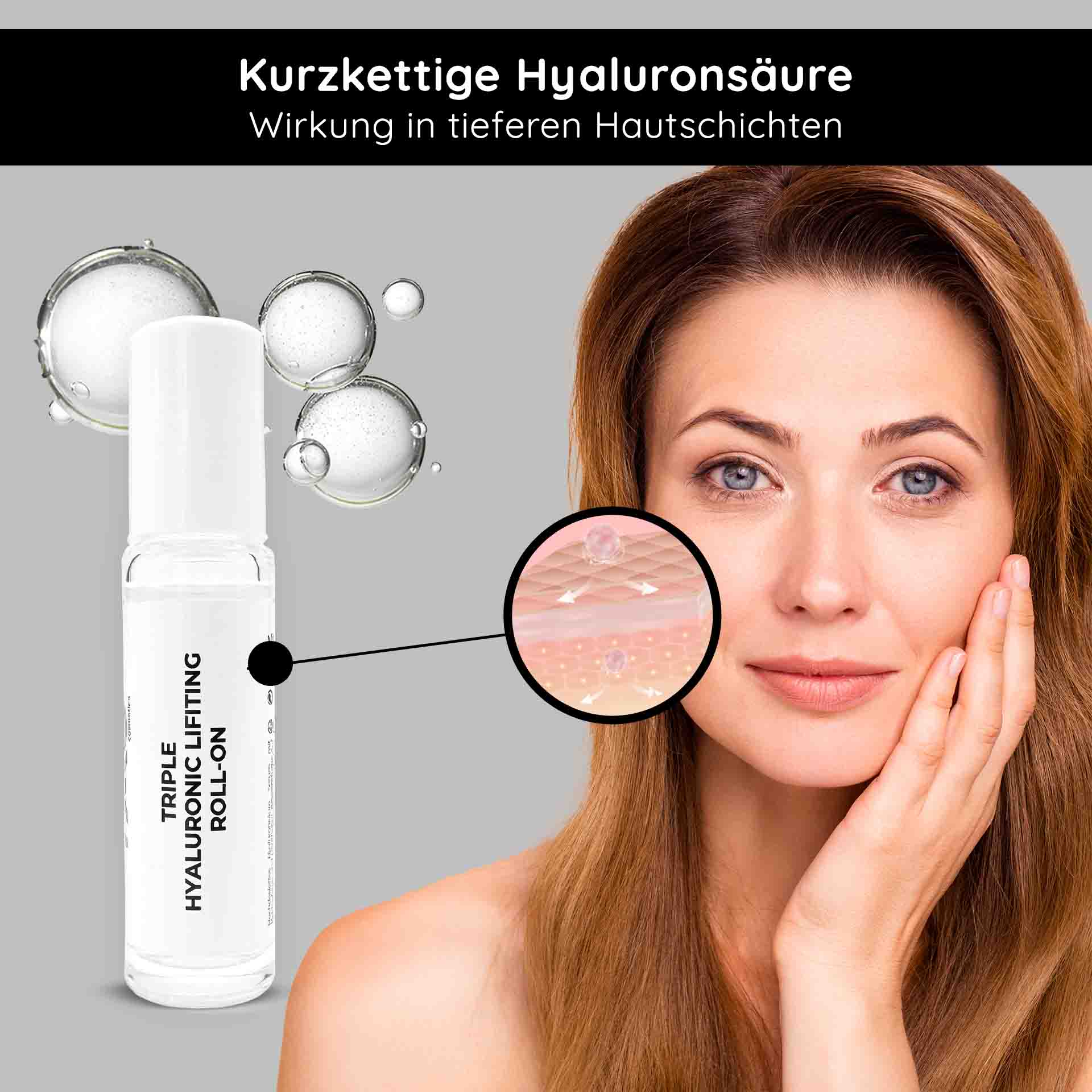 Triple Hyaluronic Serum Roll-On 10 ml avec 3 acides hyaluroniques Roll-On mit dreifachem Hyaluron-Lifting-Serum mit Hyaluronsäure-Kügelchen und einer Frau, die das Serum auf ihr Gesicht aufträgt und dabei die tiefe Feuchtigkeitsversorgung der Haut und die Anti-Aging-Wirkung betont.