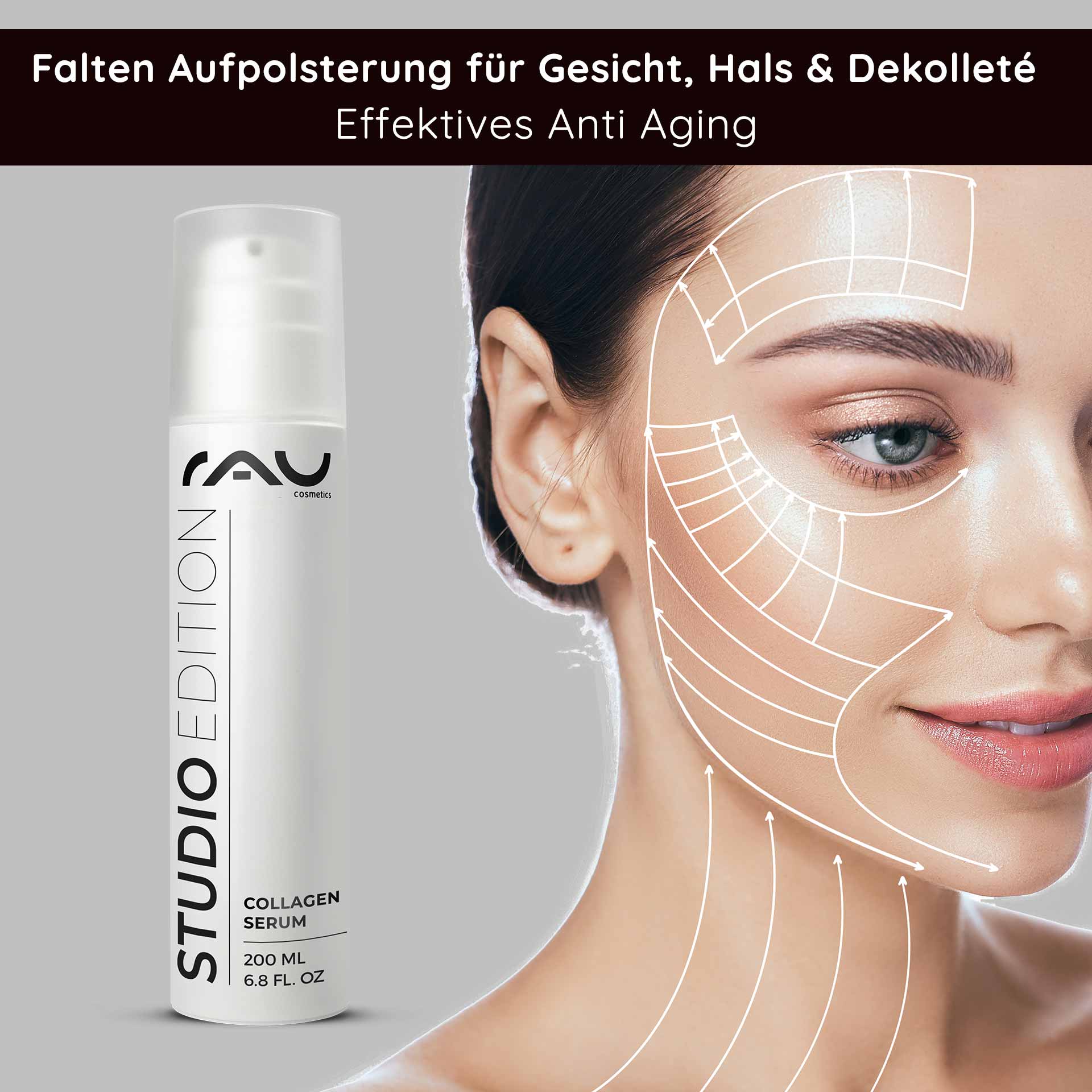 Sérum au collagène 200 ml Cure anti-âge au trylagène Flasche RAU Collagen Serum mit Anti-Aging-Wirkung, mit dem Gesicht eines Models und Anwendungsanweisungen zur Hautverjüngung und Faltenreduzierung.