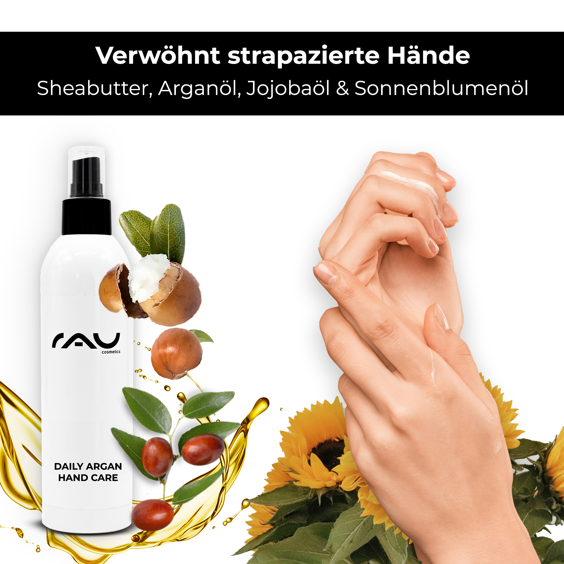 RAU Daily Argan Hand Care 75 ml - crème nourrissante pour les mains pour les mains sèches et stressées Flasche, Finger, Person, Lotion, Kräuterig