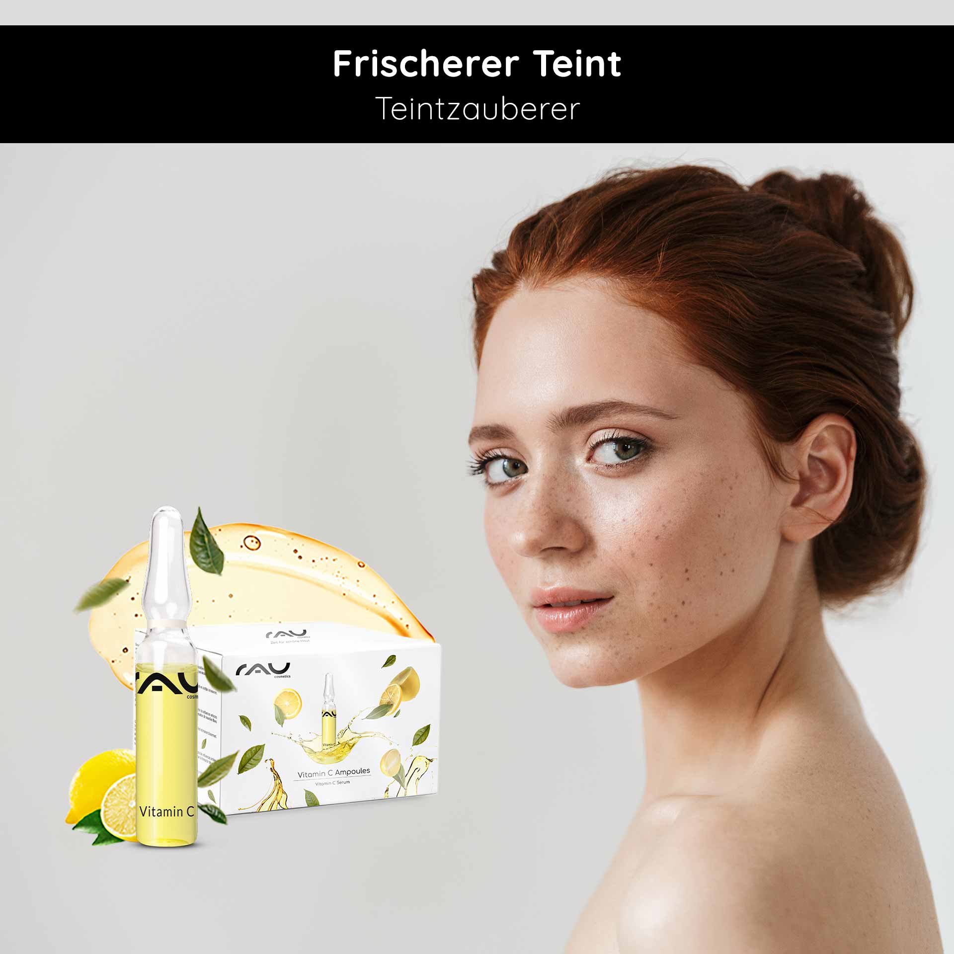 Ampoules de vitamine C 14x2 ml pour peaux matures & impures Vitamin C Ampulle von RAU Cosmetics mit frischem Teint, umgeben von Zitronen und Pflanzenmotiven, für die Verbesserung des Hautzustands und einen strahlenden Teint.