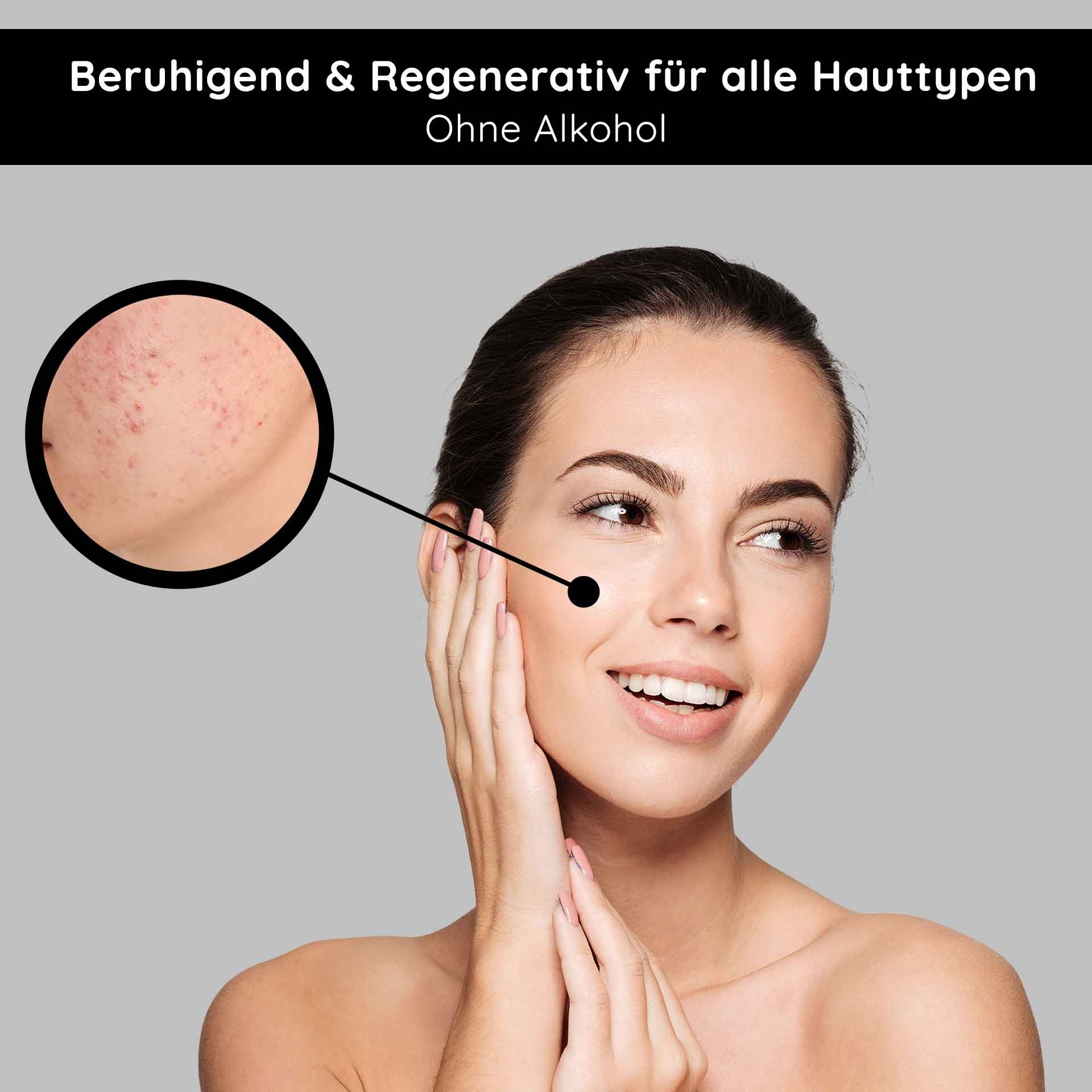 Soin du visage apaisant et régénérant pour tous types de peaux, tonique sans alcool, application sur peau sensible, modifications cutanées visibles.
