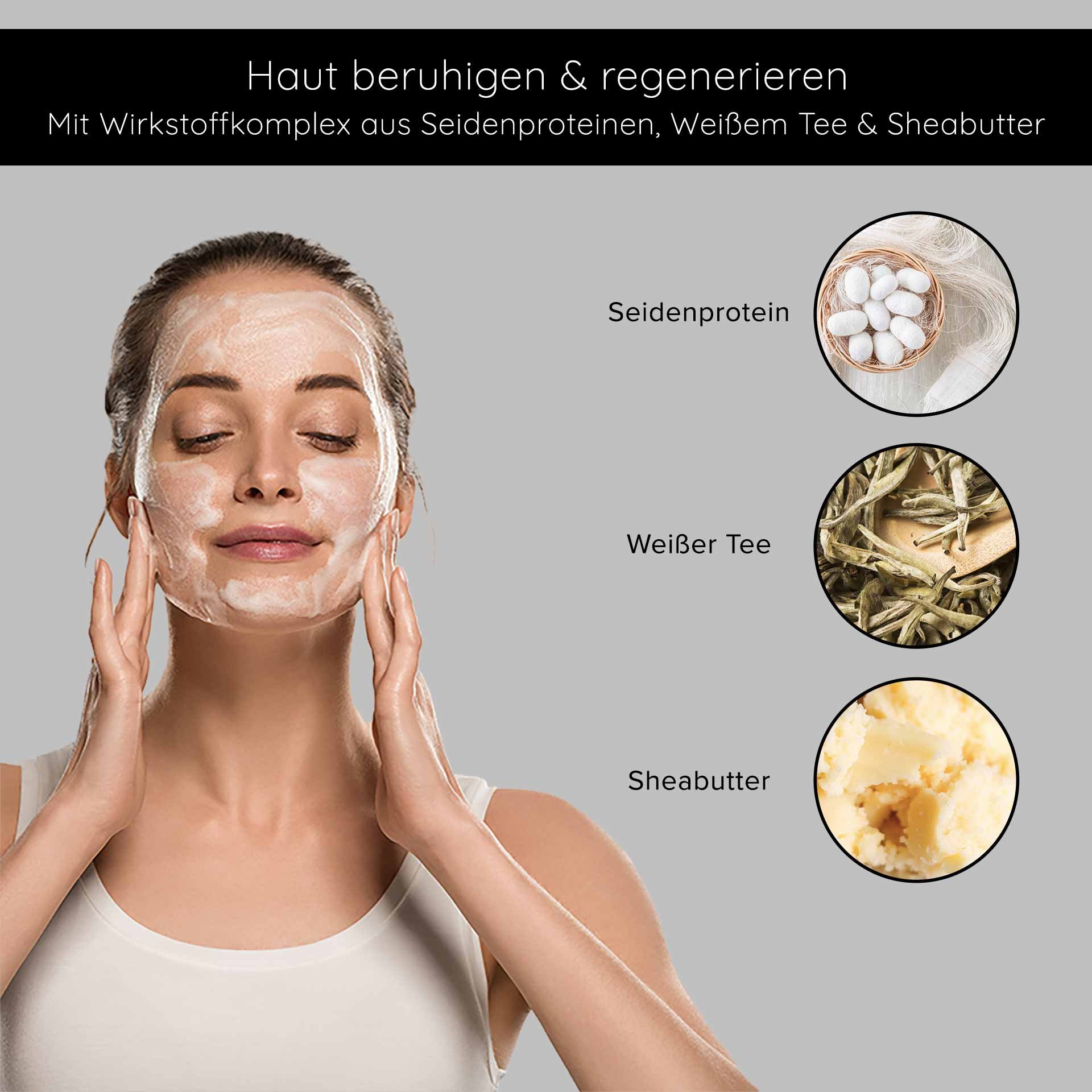 Femme avec un masque facial moussant, utilisant des protéines de soie, du thé blanc et du beurre de karité pour l'apaisement et la régénération de la peau.