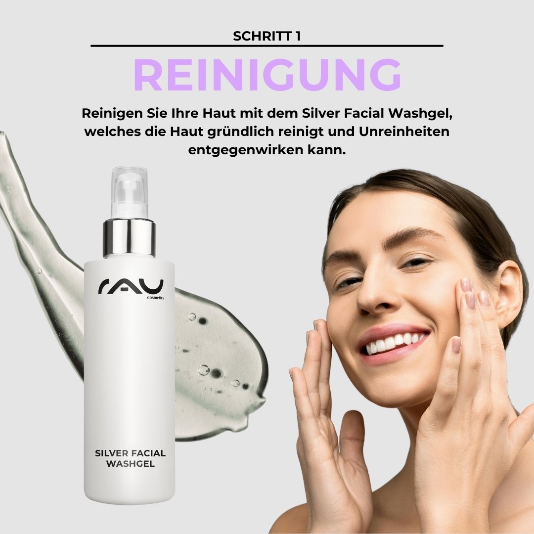 Frau mit fröhlichem Ausdruck, die das Silver Facial Washgel von RAU Cosmetics auf ihr Gesicht aufträgt, um unreine und trockene Haut zu reinigen, mit einem Hintergrund aus flüssigem Gel.