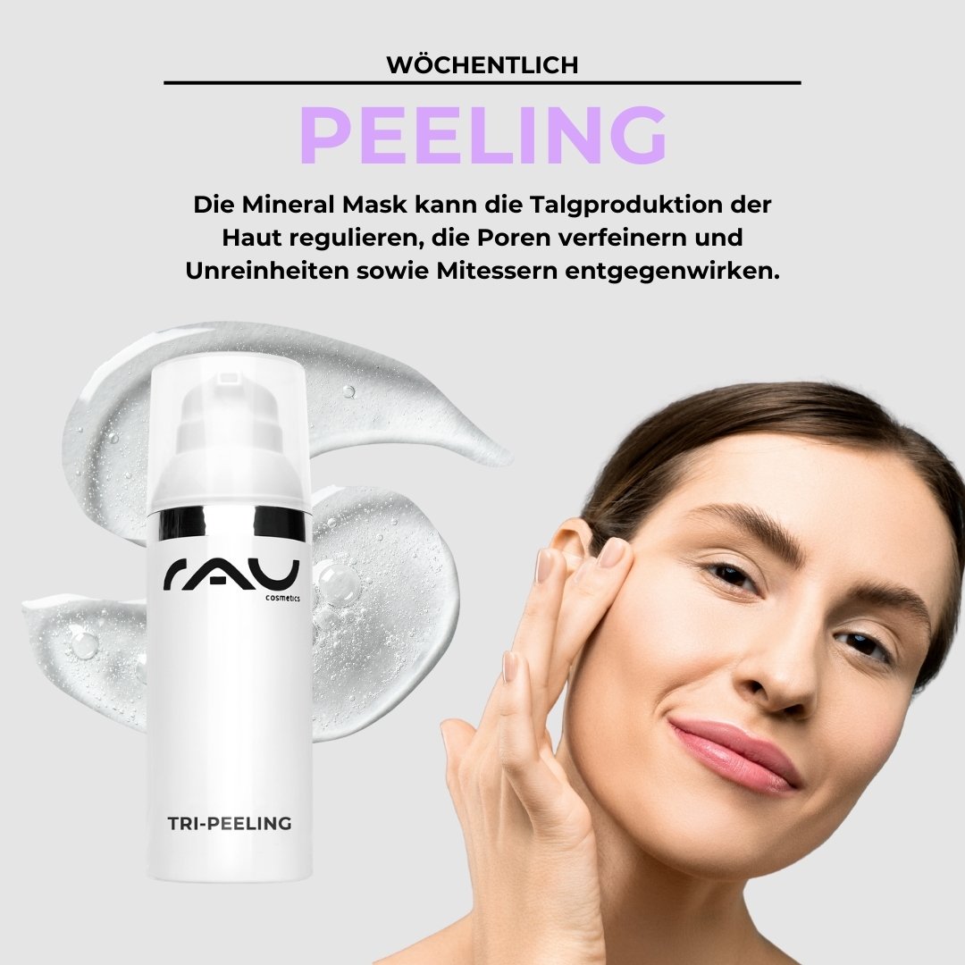 Produit gommant de RAU Cosmetics, femme au teint lisse et texture hydratante, application pour l'amélioration des peaux sèches et impures.