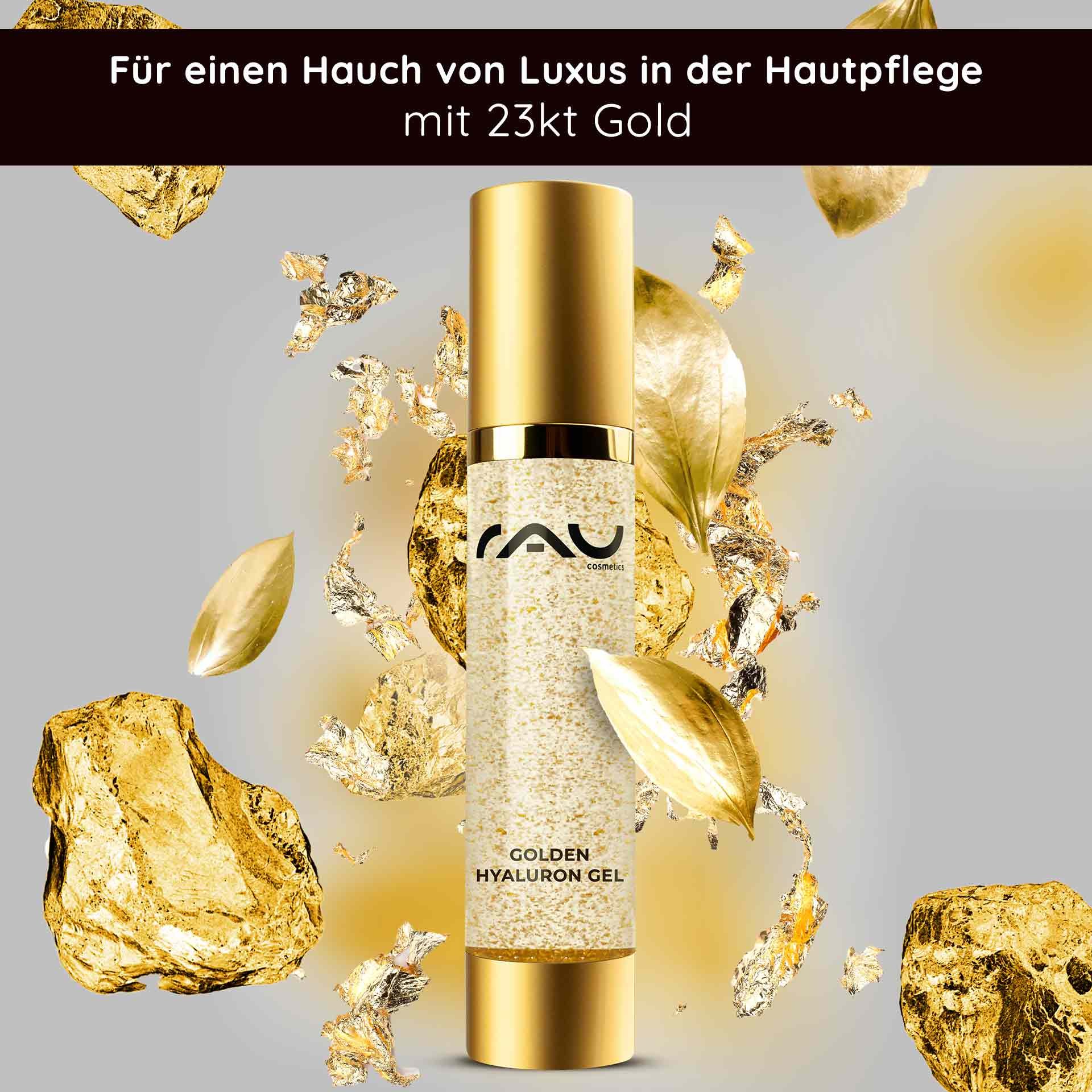 Golden Hyaluron Gel de RAU Cosmetics avec or 23 carats dans un emballage luxueux, entouré de paillettes d'or soulignant les bienfaits anti-âge du soin de la peau.