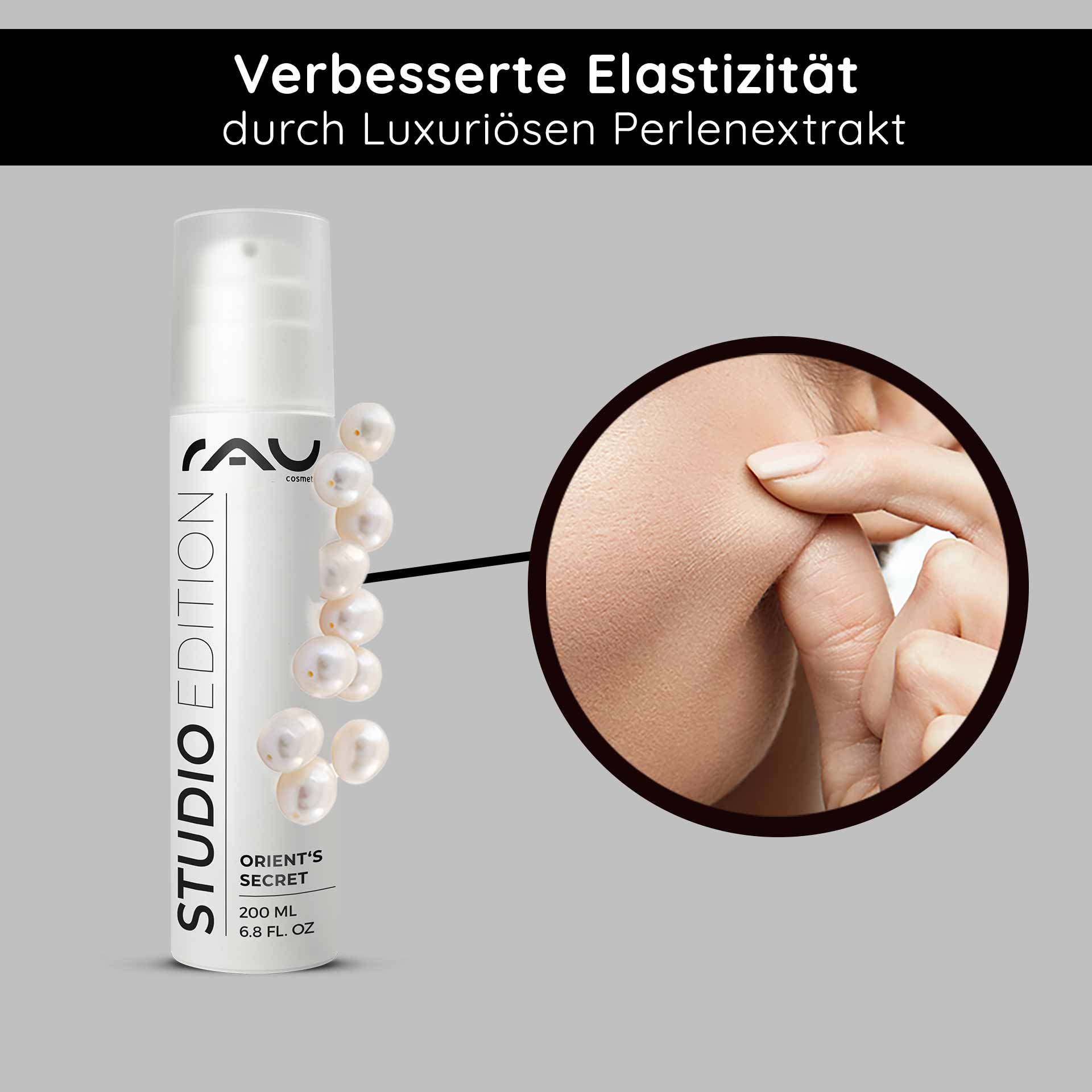 Un flacon de crème visage « Orient’s Secret » de RAU Cosmetics à l'extrait de perle luxueux, soulignant l'élasticité améliorée de la peau, et un gros plan d'une main pinçant doucement la peau lisse.