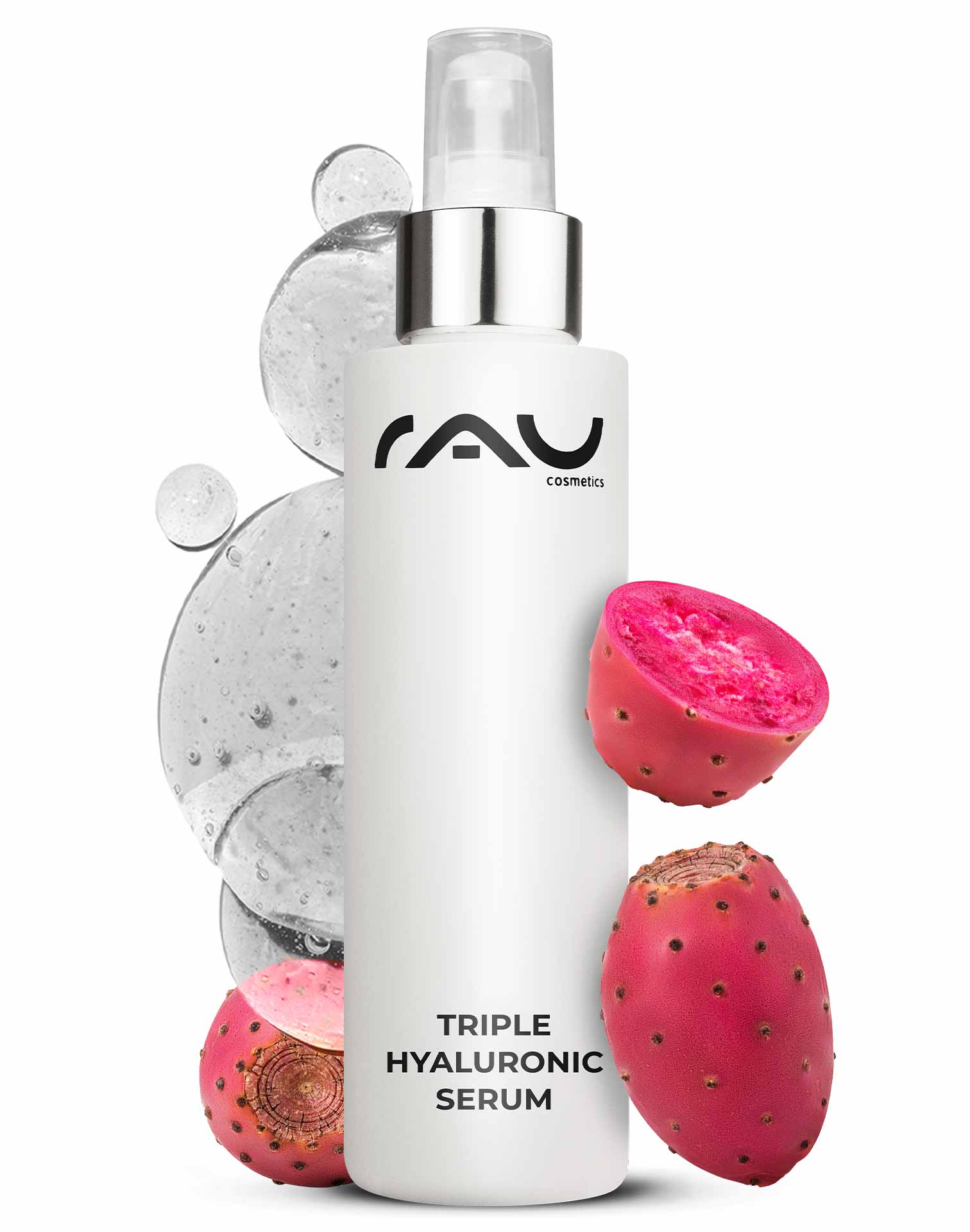 Triple Hyaluronic Serum 100 ml avec panthénol & hyaluron Flasche des Triple Hyaluronic Serum von RAU Cosmetics mit rosa Feigenkaktusfrüchten und Wassertropfen, die die Feuchtigkeitsversorgung und Anti-Aging-Vorteile für die Hautpflege fördern.