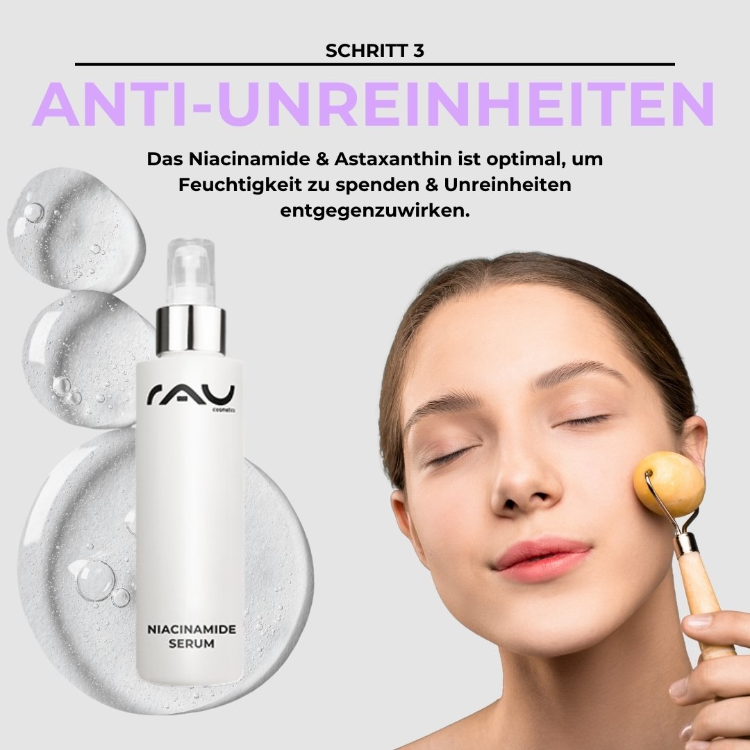 Niacinamid-Serum von RAU Cosmetics, Frau trägt Serum mit Jaderoller auf, Routineschritt zur Hautpflege gegen Hautunreinheiten, Fokus auf Feuchtigkeit und Hautunreinheitenvorbeugung.