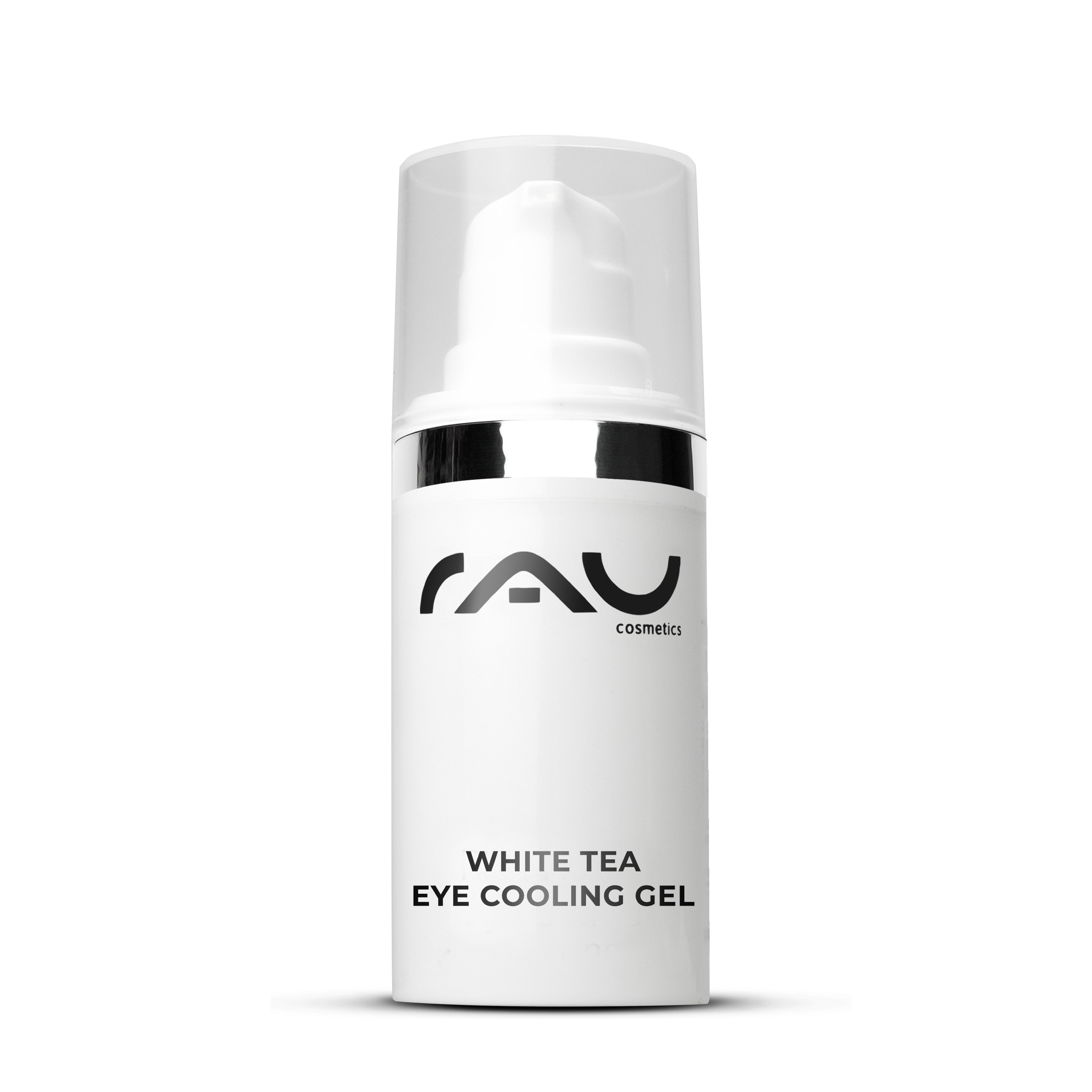 White Tea Eye Cooling Gel 15 ml de RAU Cosmetics, gel contour des yeux anti-âge pour réduire les cernes et les poches, dans un élégant flacon blanc avec distributeur pompe.