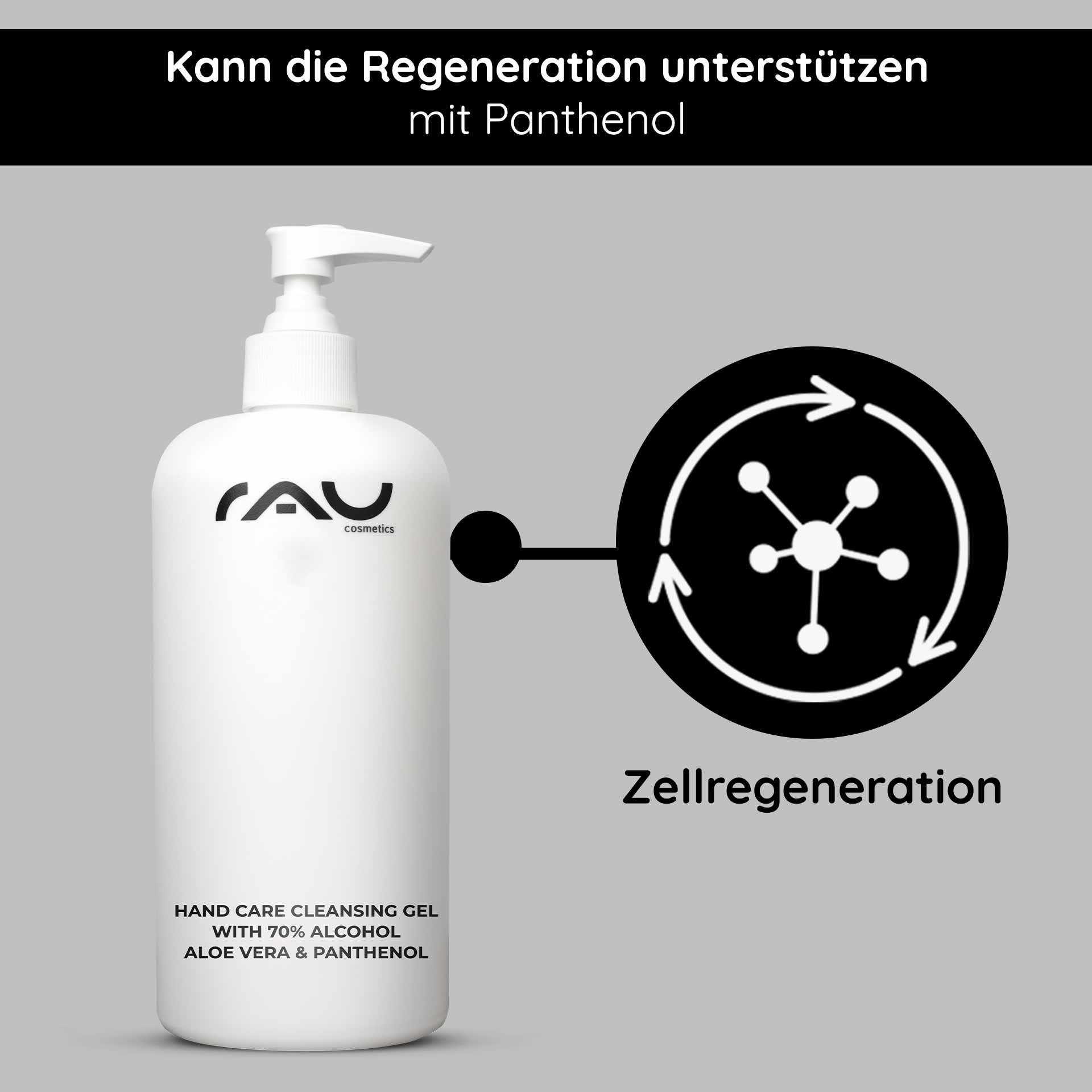 Flacon avec pompe du Hand Care Cleansing Gel de RAU Cosmetics avec 70 % d'alcool, aloe vera et panthénol, soulignant les bienfaits de la régénération cutanée.