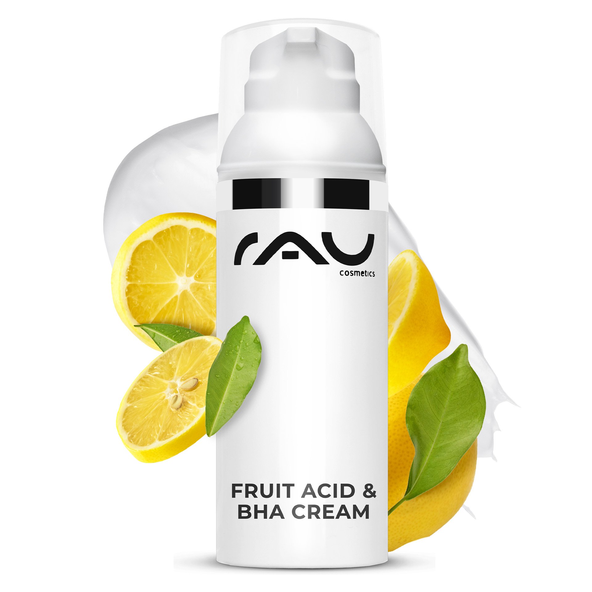 Weiße Cremedose mit grünem Deckel, Aufschrift 'Fruit Acid & BHA Cream 50 ml'