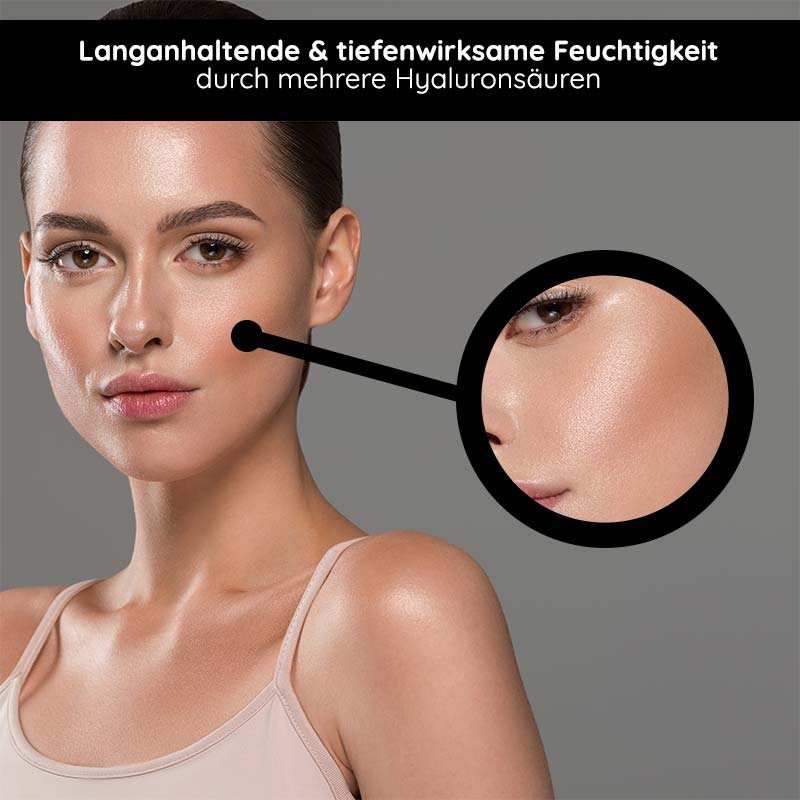 Frau mit strahlender Haut, die die langanhaltende Feuchtigkeit und Wirkung von Hyaluronsäuren zeigt, hervorgehoben durch einen Detailausschnitt.