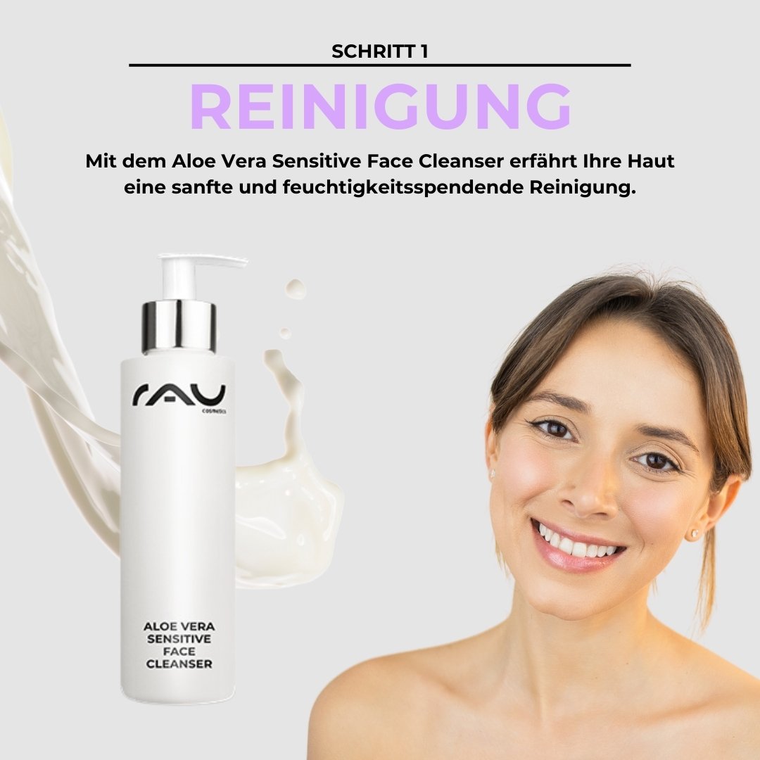 Aloe Vera Sensitive Face Cleanser de RAU Cosmetics avec une femme souriante soulignant le nettoyage doux et hydratant pour les peaux sensibles.