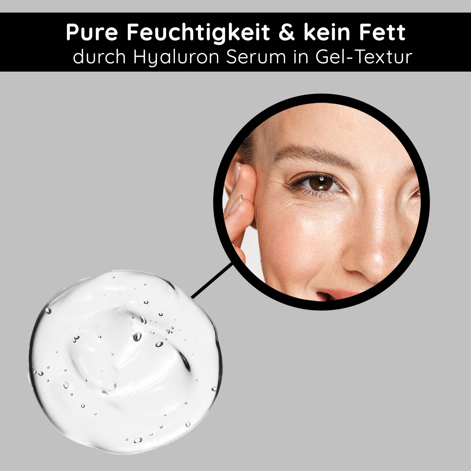 Hyaluron Ultimate Lifting 50 ml Gel lifting à l'acide hyaluronique Hyaluron Gel-Textur mit feuchtigkeitsspendendem Effekt und Anwendung auf der Haut, betont durch lächelnde Frau mit strahlendem Teint.