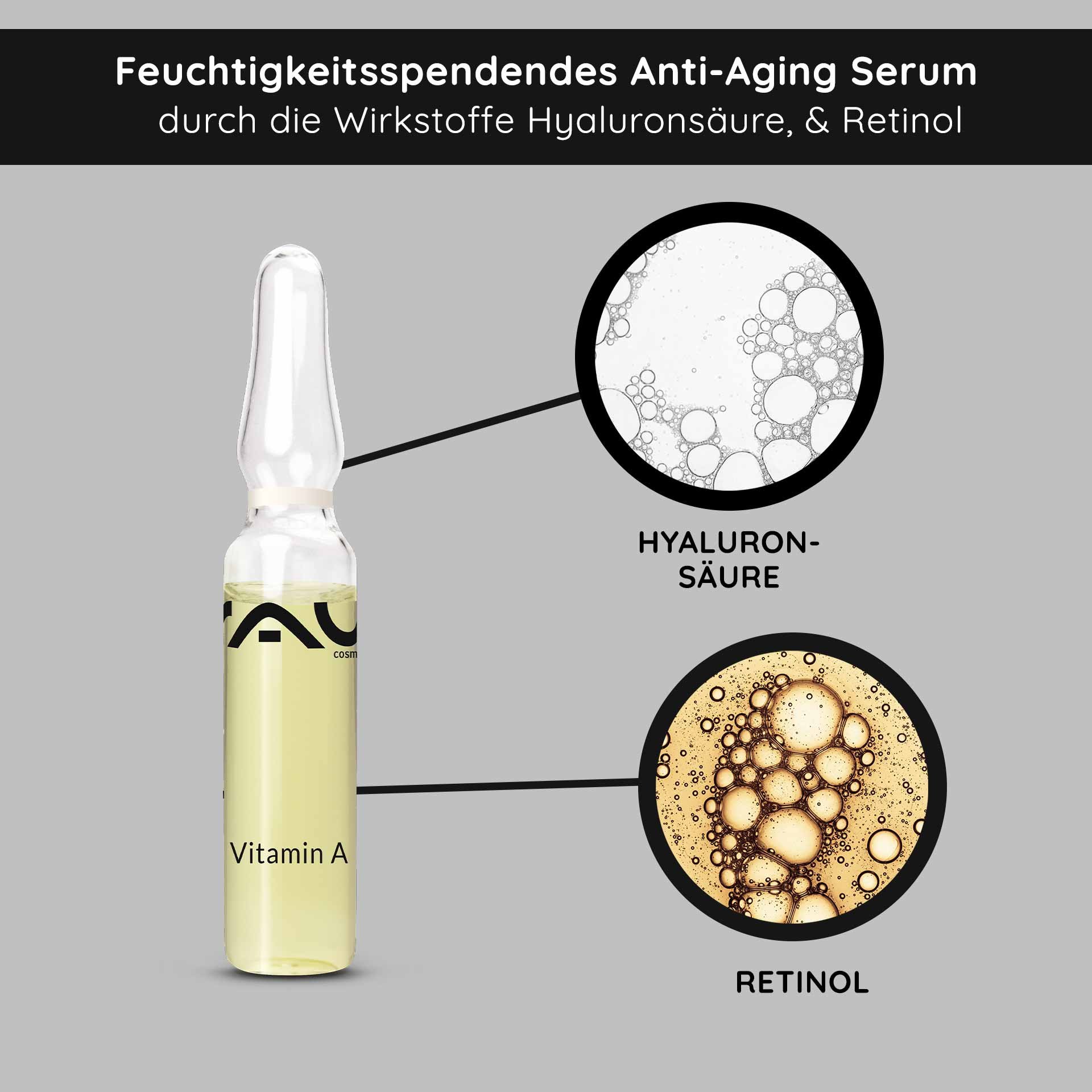 Ampoule de vitamine A de RAU Cosmetics, sérum anti-âge hydratant à l'acide hyaluronique et au rétinol, pour peaux matures et à imperfections.