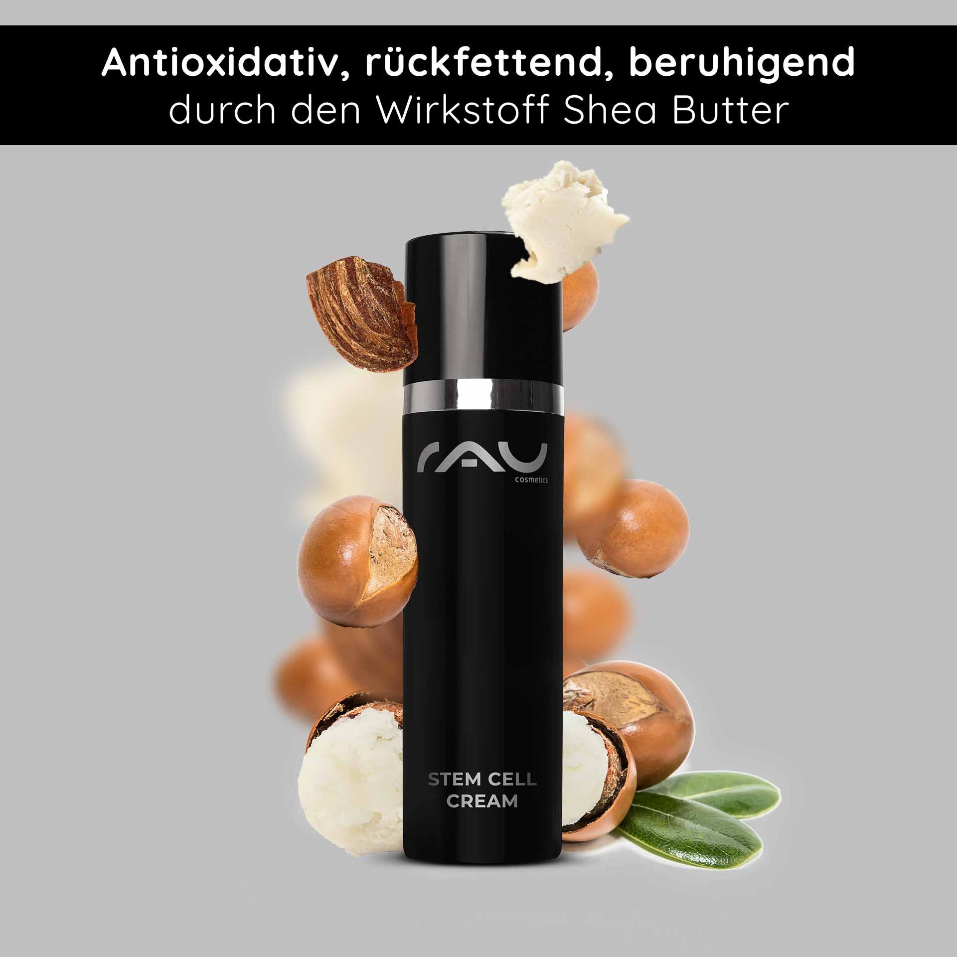 Flacon de crème aux cellules souches de RAU Cosmetics avec des ingrédients au beurre de karité, soulignant les propriétés antioxydantes et hydratantes pour le soin anti-âge de la peau.